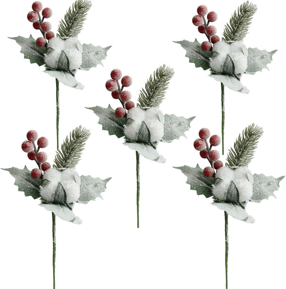 Artificial Frosted Pine Branches Twig Snow Covered Berries and Pick Christmas Halloween/Thanksgiving Decoration Holiday Table Supplies Decor (Cotton)