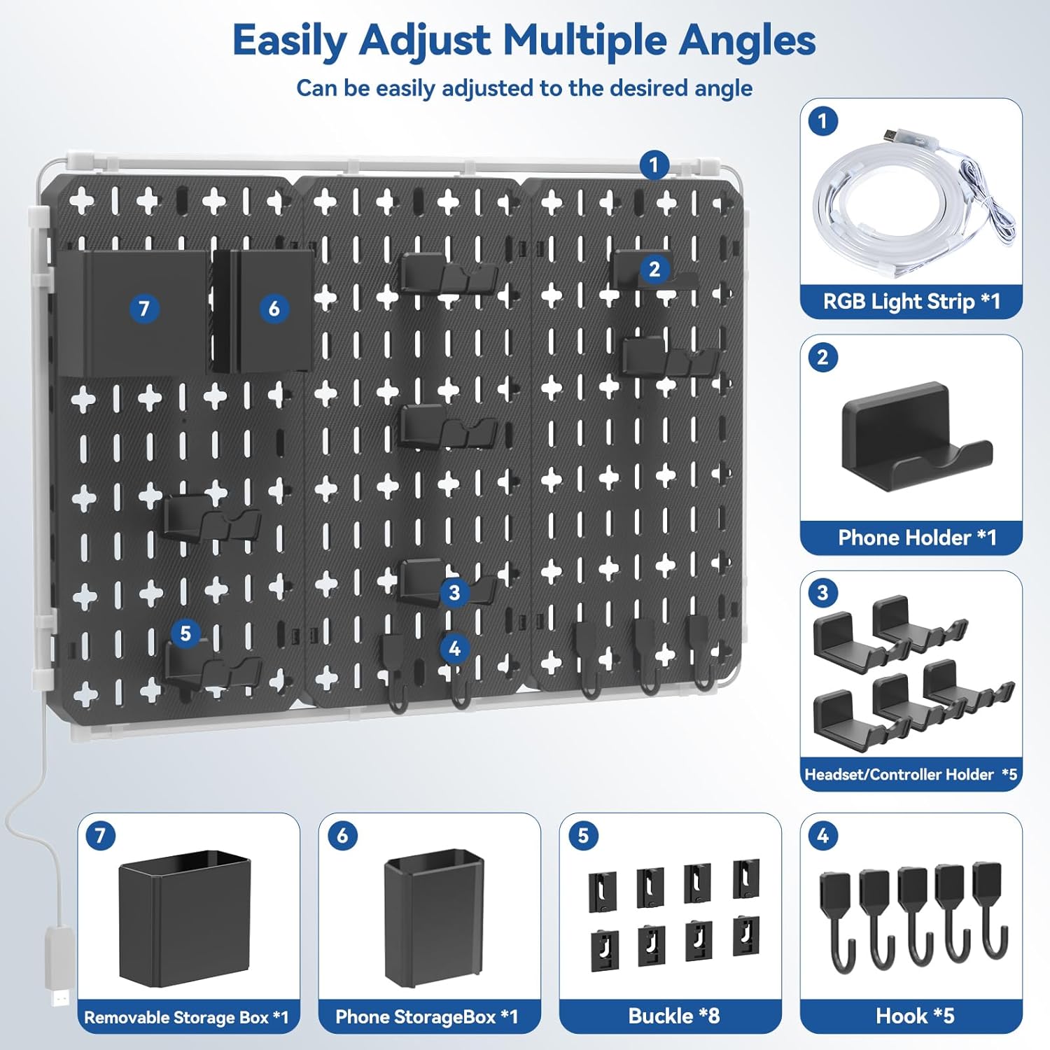 Diagram showing all included accessories: RGB Light Strip, Phone Holder, Headset/Controller Holders, Hooks, Buckles, Removable Storage Box, Phone Storage Box
