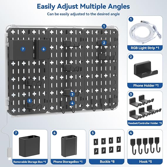 KDD Pegboard Wall Organiser 7-in-1 Pegboard Gaming with LED Light Strip Pegboard Combination Set with 40 x 20 cm 3 Pieces Perforated Plates & 14 Pieces Tool Wall for Home Office Gaming Perforated Wall Accessories