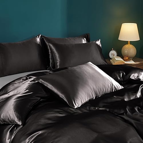 Miniatura 3 de Horbaunal Juego de funda de edredón de satén de 5 piezas, tamaño King, funda de edredón negra con lazos en las esquinas y cierre de cremallera,