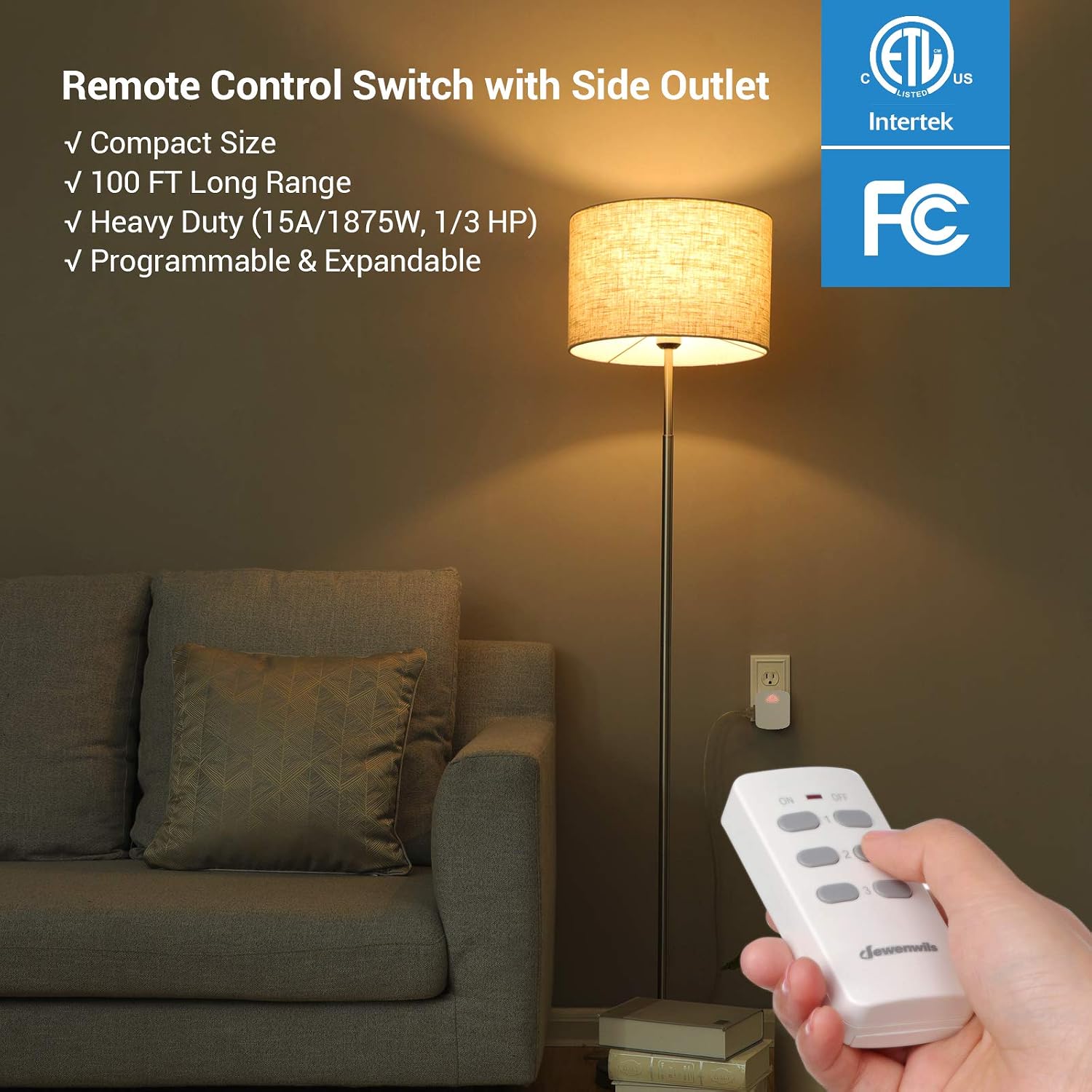 Dewenwils Indoor Wireless Remote Control Outlet, Electrical Plug in Remote Light Switch Kit, 15 AMP Heavy Duty, 100' RF Range, Compact Side Plug (Programmable Learning Code, 3 Outlets)
