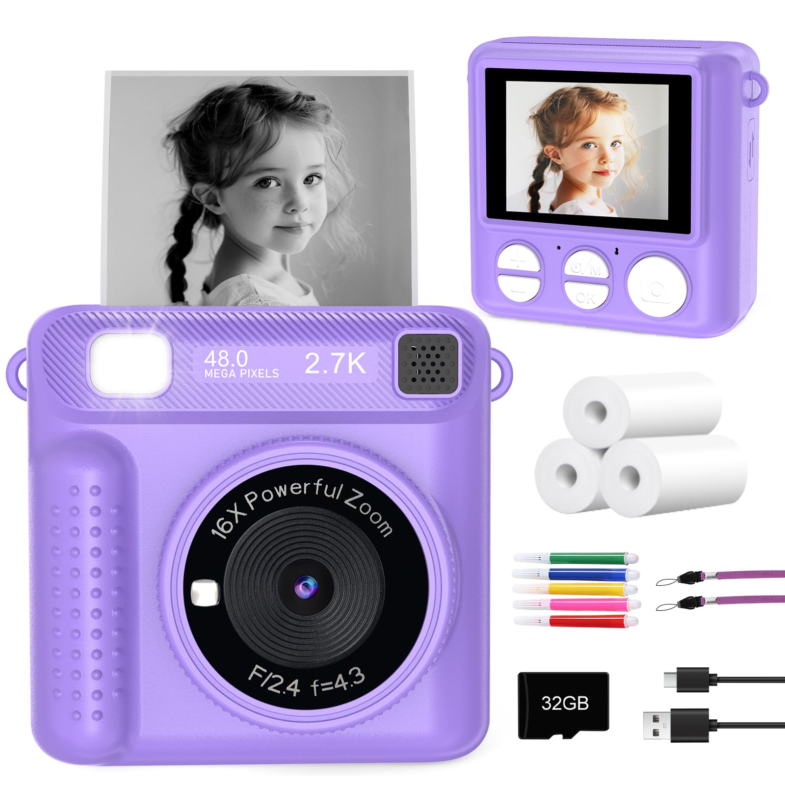 Kids Instant Print Camera - Christmas Birthday Gifts for Girls Boys, Instant Cameras That Print Photos for 4 5 6 7 8 9 10 Year Old Girl Birthday Gift