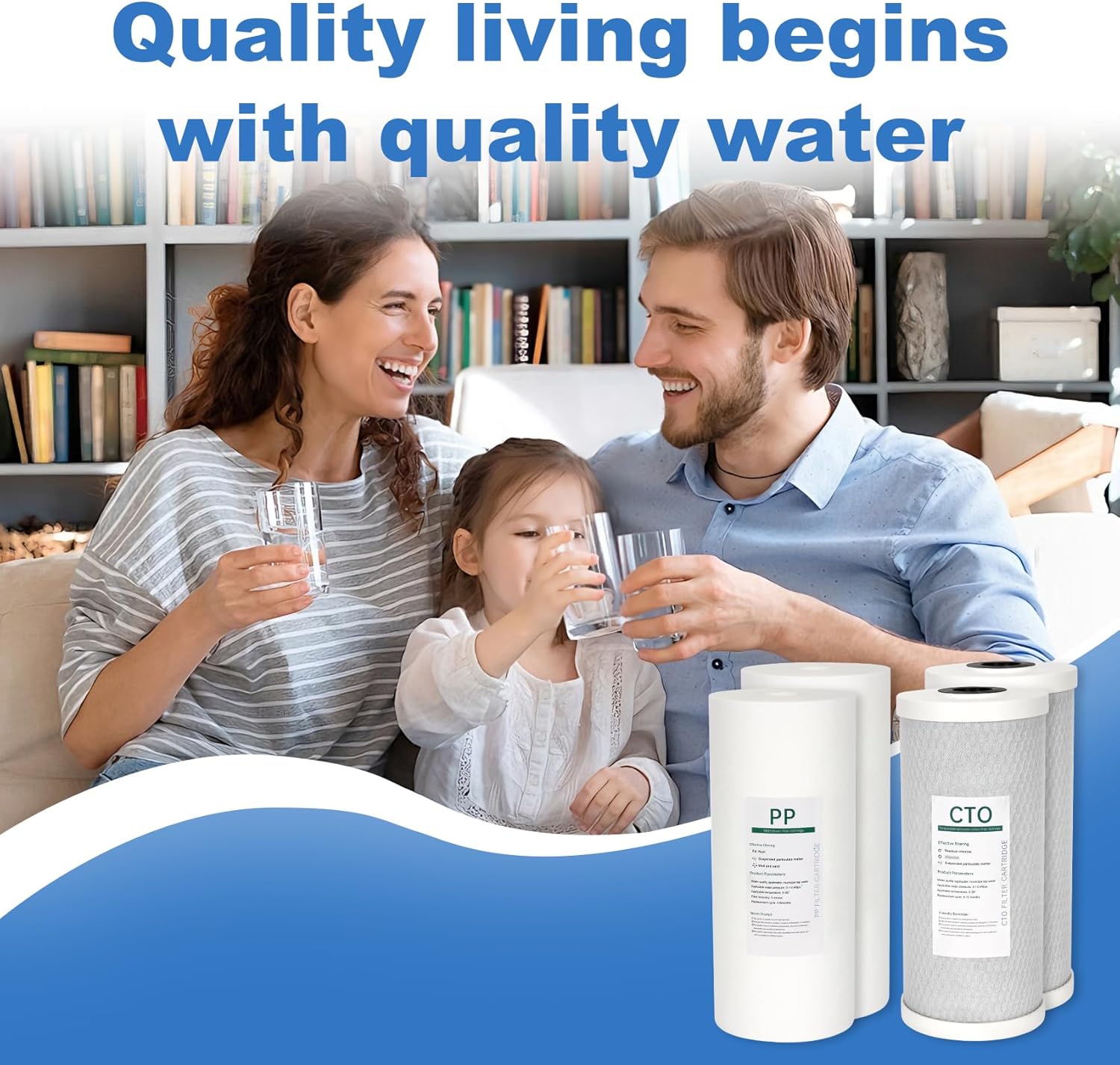 Whole House 4.5" x 10" Water Filter Replacement Kit, 2 PP Sediment Filters + 2 CTO Coconut Shell Activated Carbon Filters, Compatible with WGB21B, FP15B, FC15B, and Standard 10" Systems