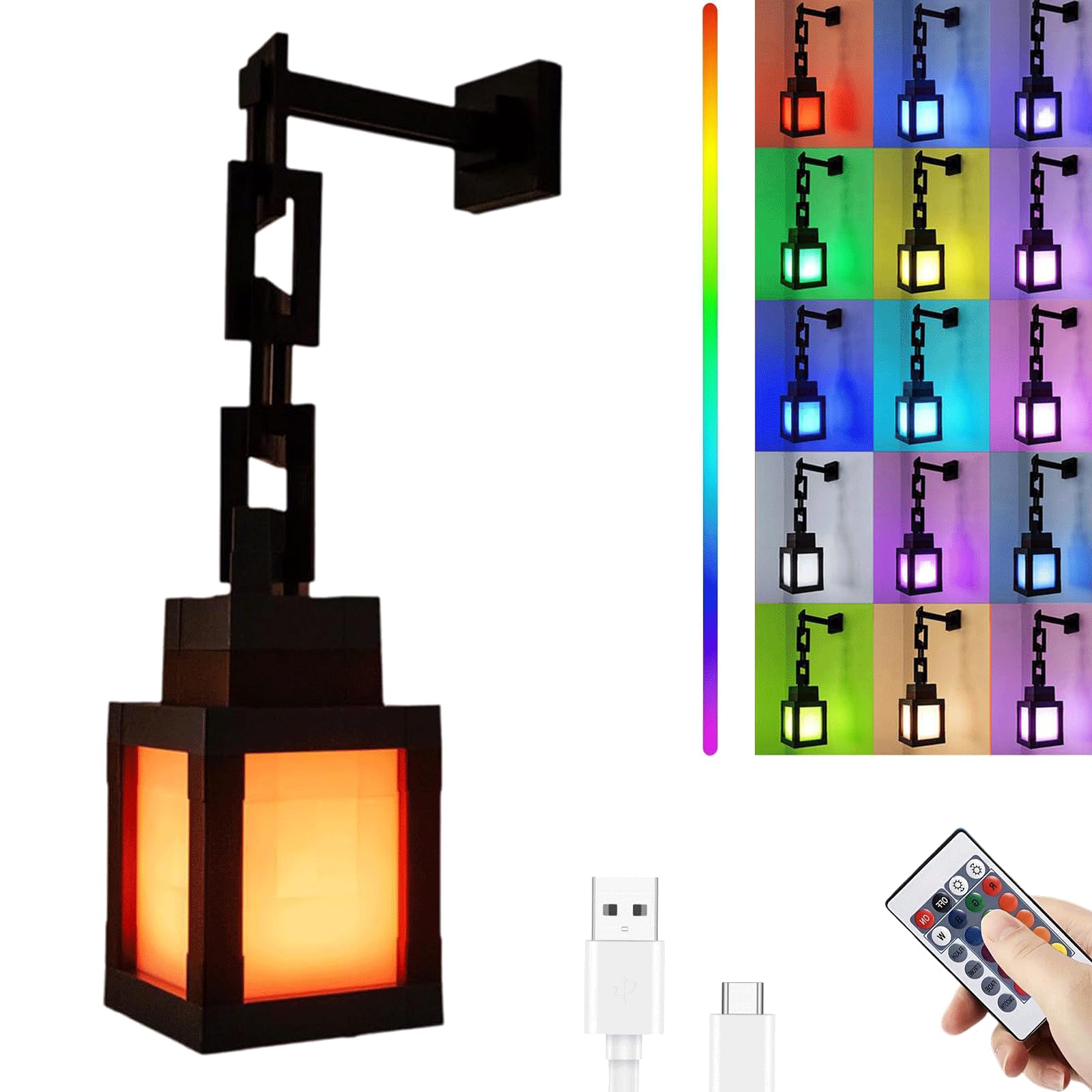 Pixelated Lantern Night Light 16-Color Led Wall Mood Night Light with Remote Rechargeable Wall Tabletop Night Lights for