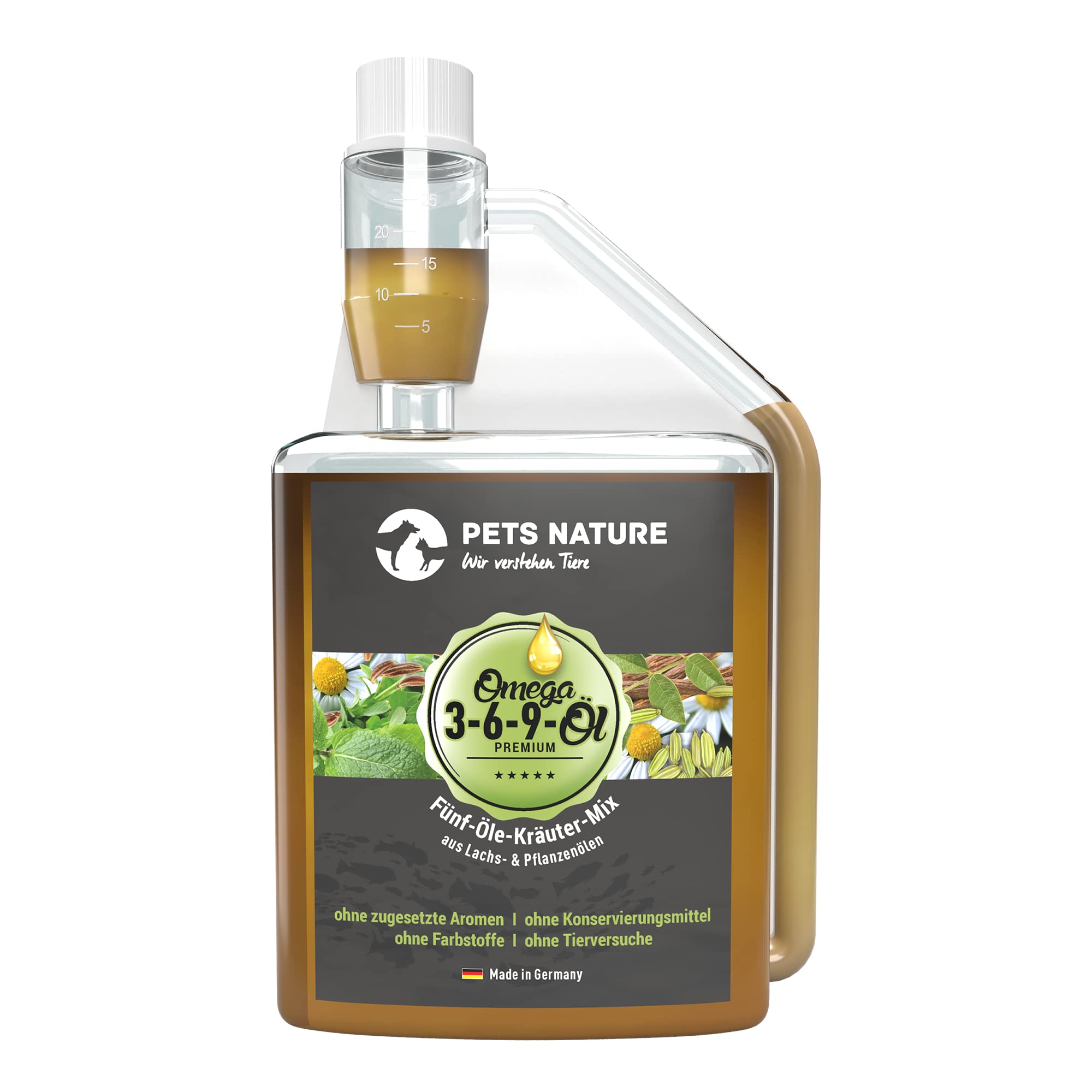 Omega 3-6-9 olej dla psów i kotów – czysty olej z ziół barf premium z olejem z ostu, konopi, łososia, chia i lnu – 100% naturalny, delikatnie tłoczony na zimno (250 ml)