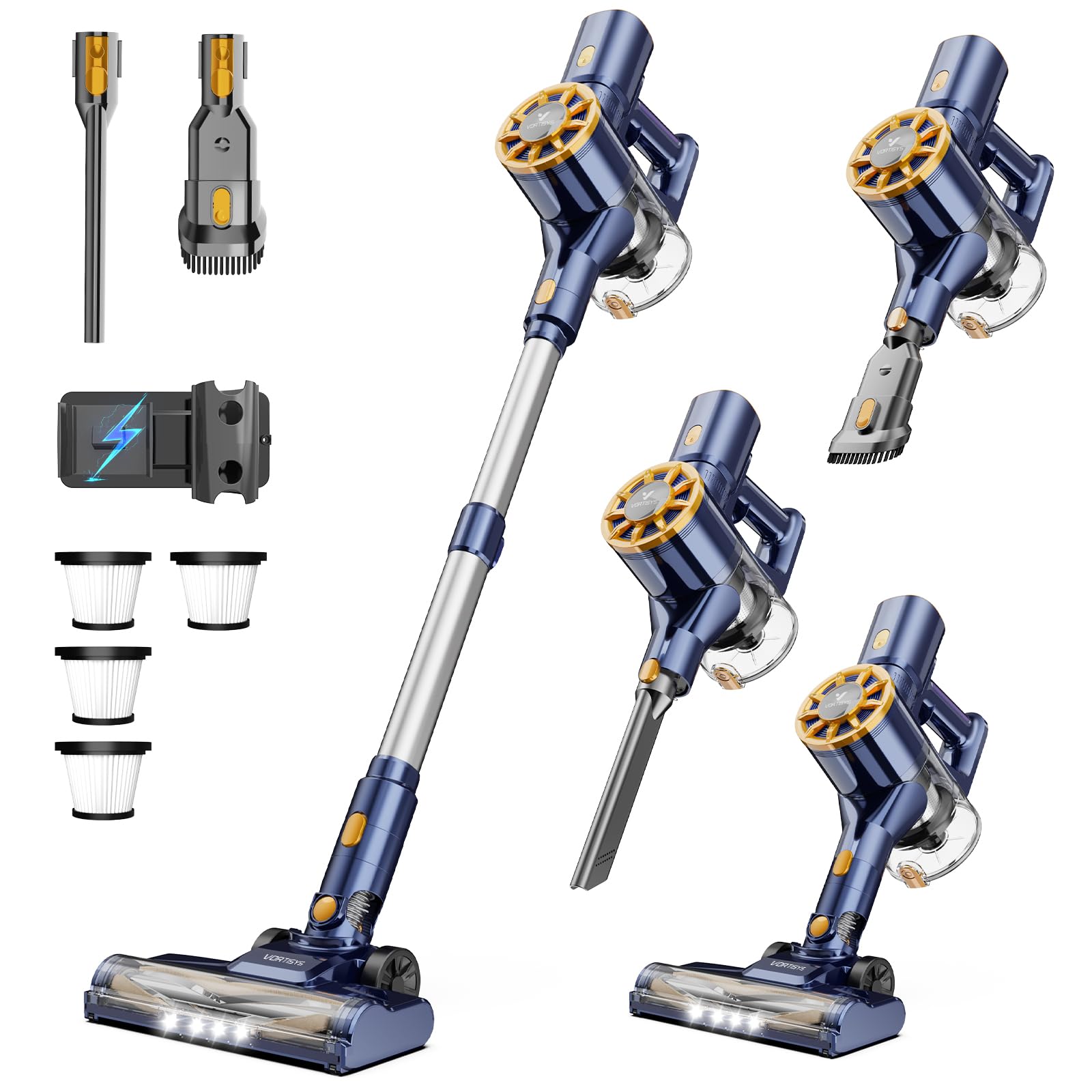 Aspiradora sin Cable 55KPa/350W, Aspirador Escoba sin Cable con 4×HEPA, Cepillo Anti-Enredos en V, Aspiradora para Pelo de Mascotas/Alfombras/Suelos Duros