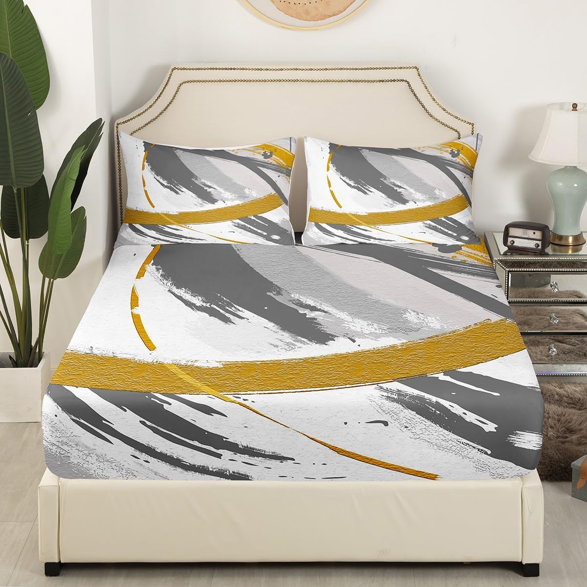Erosebridal Grey Beige Gray Bed Sheets Brush Strokes Oil Painting Fitted Sheet Full Size, Gradient Abstract Vintage Bedding Ombre Graffiti Sheet, Contemporary Modern Bed Cover