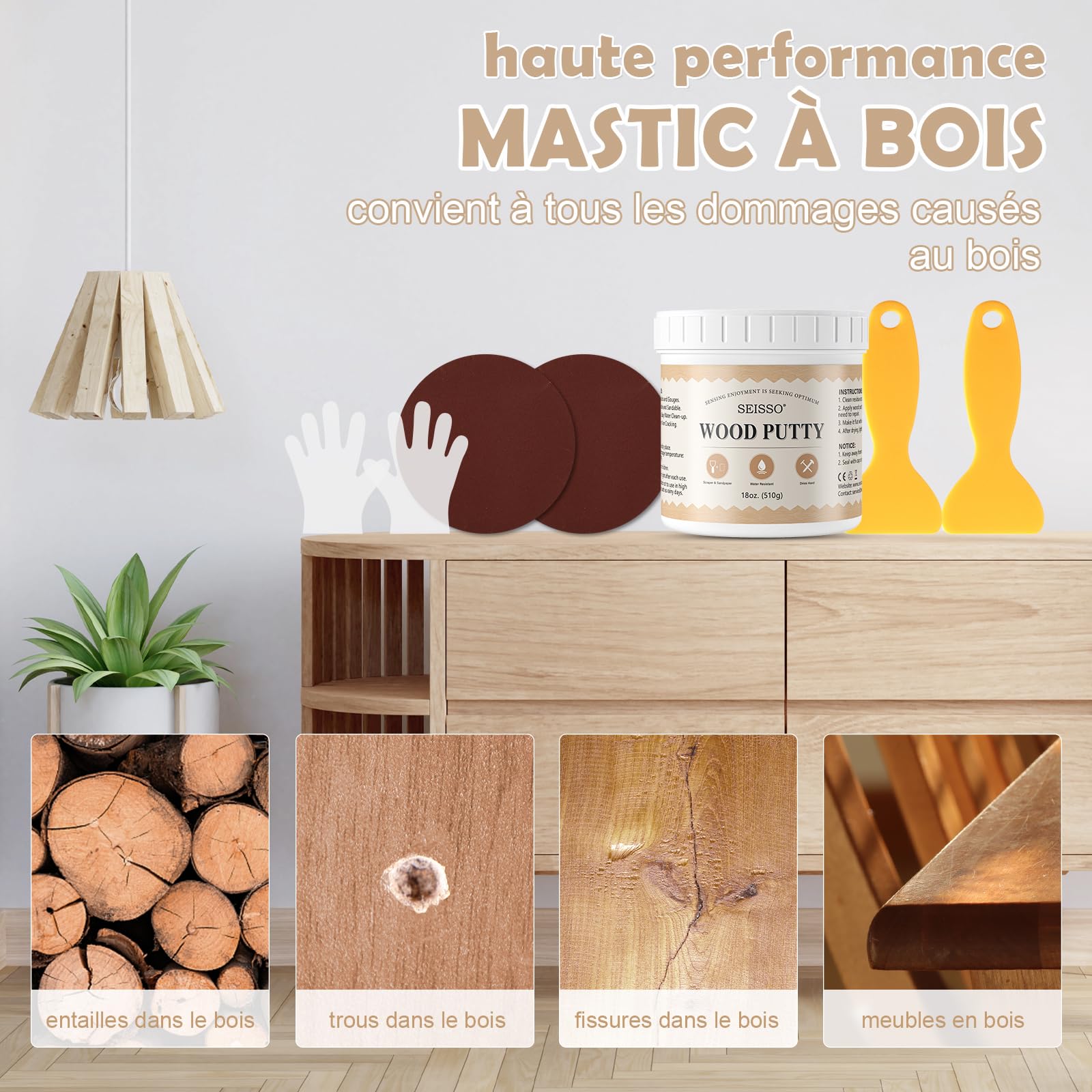 SEISSO Mastic à Bois Blanc 500g, Kit de Réparation de Parquet Imperméable à l'eau pour l'extérieur - Restauration de Tables en Bois, d'armoires, de Planchers et de Portes en Bois