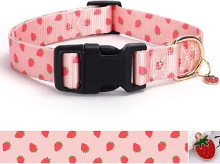 Pink Strawberry with Pendant Cute Dog Collar for Small Medium Large Dogs,XS | Ligth Adjustable Nylon Puppy Collar for Boy and Girl Female, Distinctive Patterns, Comfortable for Walks and Outdoor Hikes