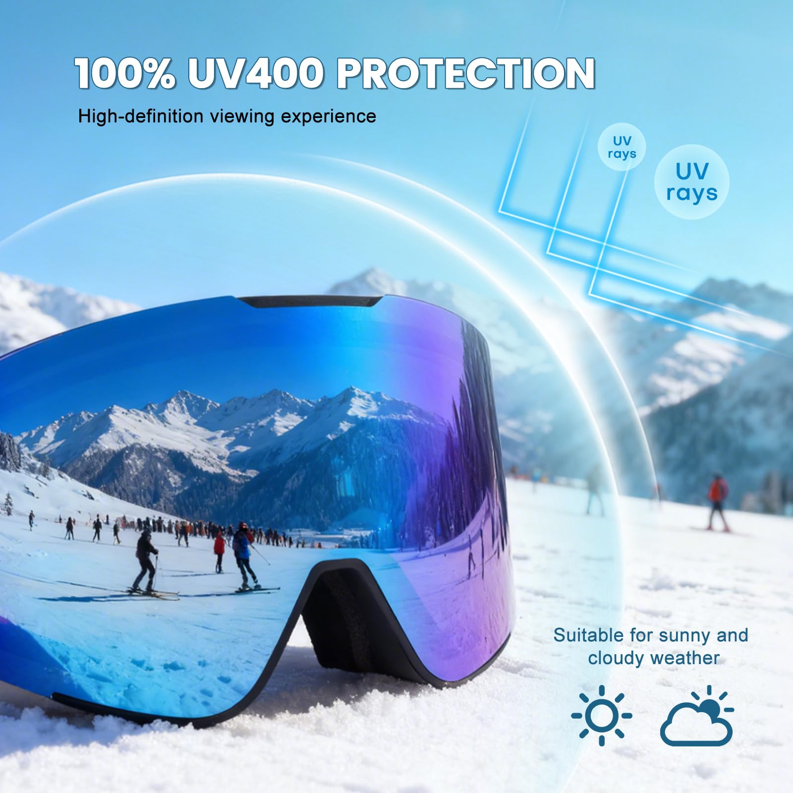 Hikeen Lunettes de ski photochromiques anti-buée, protection UV avec rembourrage 3 couches pour homme et femme avec étui de rangement