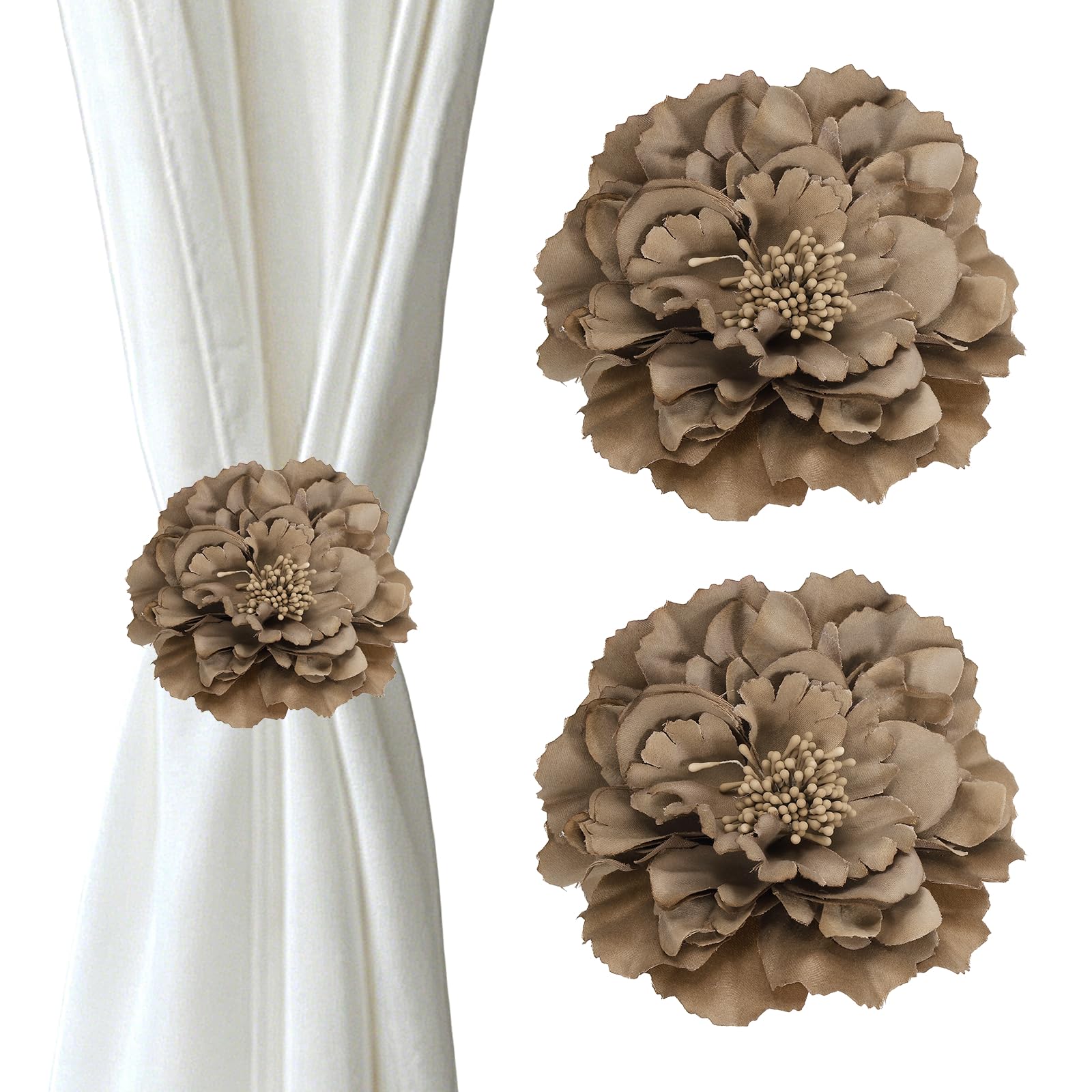 sourcing map Flower Curtain Clips 2PCS, Curtain Tiebacks Decorative Window Drape Holdback Window Drapery Decorative Clip Buckles for Bedroom Home Office Decor, Brown