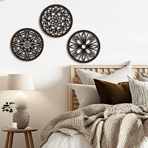 Miniatura 6 de Ferraycle 6 piezas gruesas rústicas de decoración de pared de granja, arte redondo de madera, decoración colgante hueco tallado para sala de estar,