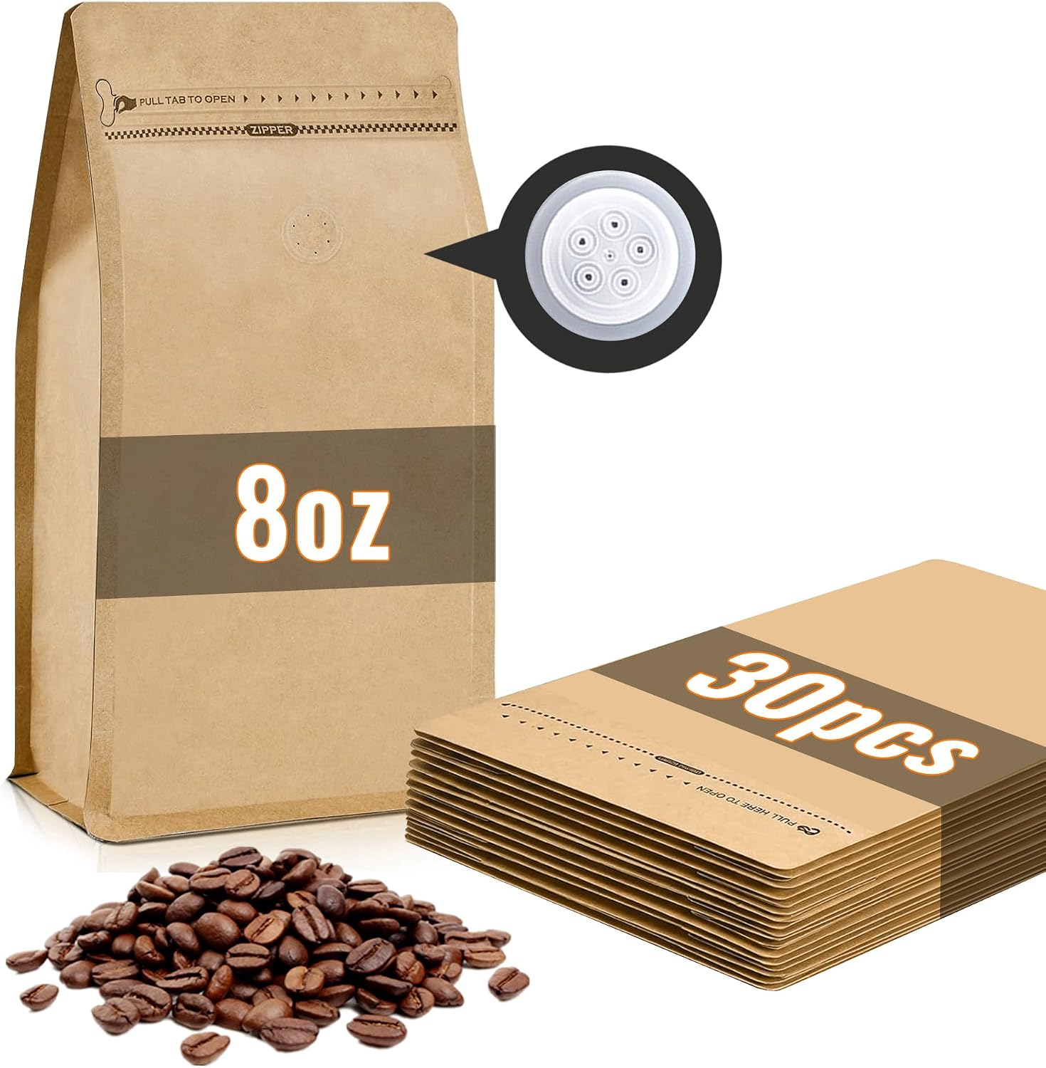 Coffee Bags with Valve(8 oz,1/2 lb,30 pcs), Kraft Paper Aluminum Foil High Barrier Flat Bottom Standing Coffee Bean Storage Bags, Reusable Heat Sealable Side Zipper Pouches for Home or Store