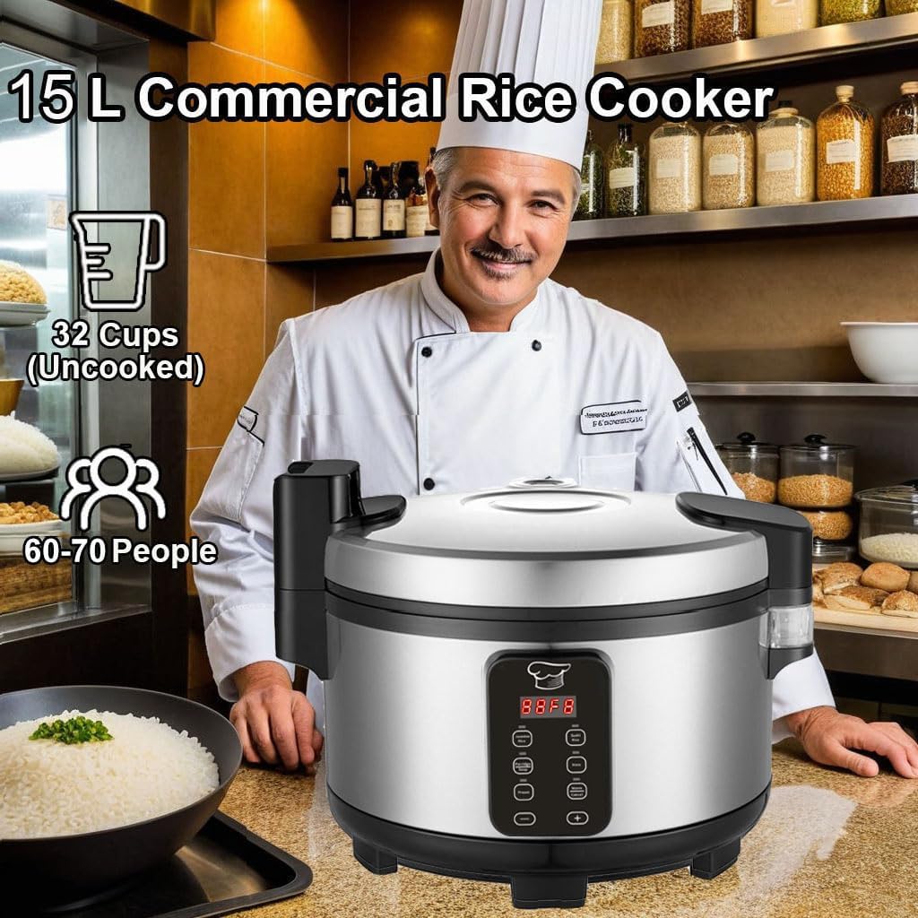 Large 15L Commercial rice cooker 84 cups cooked / 32 cups uncooked rice Electiric Rice Cooker & Rice Warmer | Automatic Warm | Stainless Steel | with One-Touch Operation