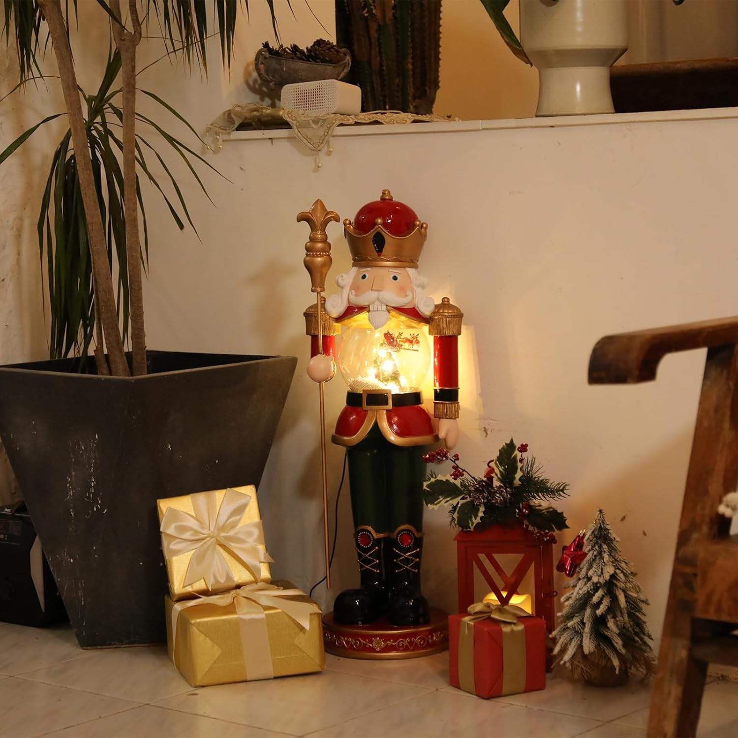 Bdor 30-Inch Nutcracker Soldier with Rotating Snow Globe – Limited Edition Handcrafted Christmas Decoration for Home, Office, Holiday Display