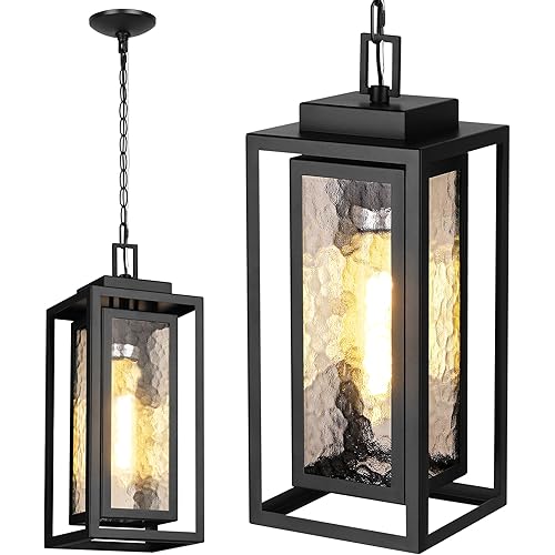 15" Outdoor Pendant Light, Modern Outside Hanging Porch Light, Black Outdoor Chandelier with Water-Ripple Glass, Metal Double Frame Exterior Hanging Lantern Ceiling Mount for Porch (Bulb Included)