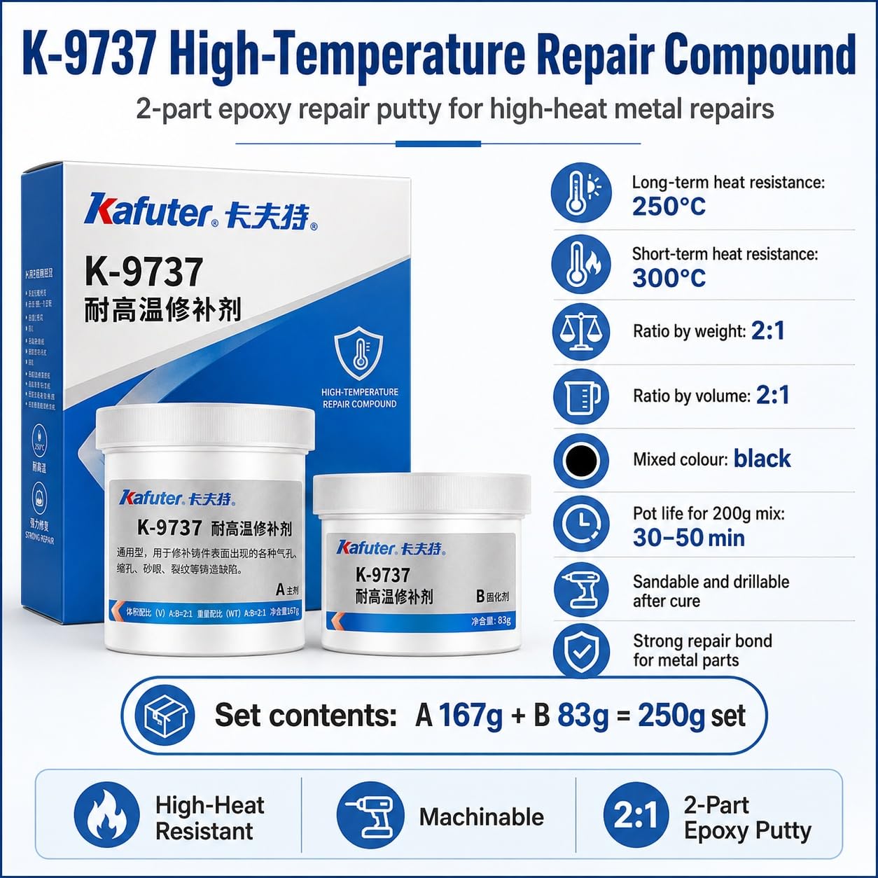 VIDOO 250g Metallkleber Hochtemperaturbeständig Zwei-Komponenten-Epoxidverbindung für Motorblock-Rissversiegelung Extreme 300℃ Hitzebeständig Flüssiglot Metallkleber