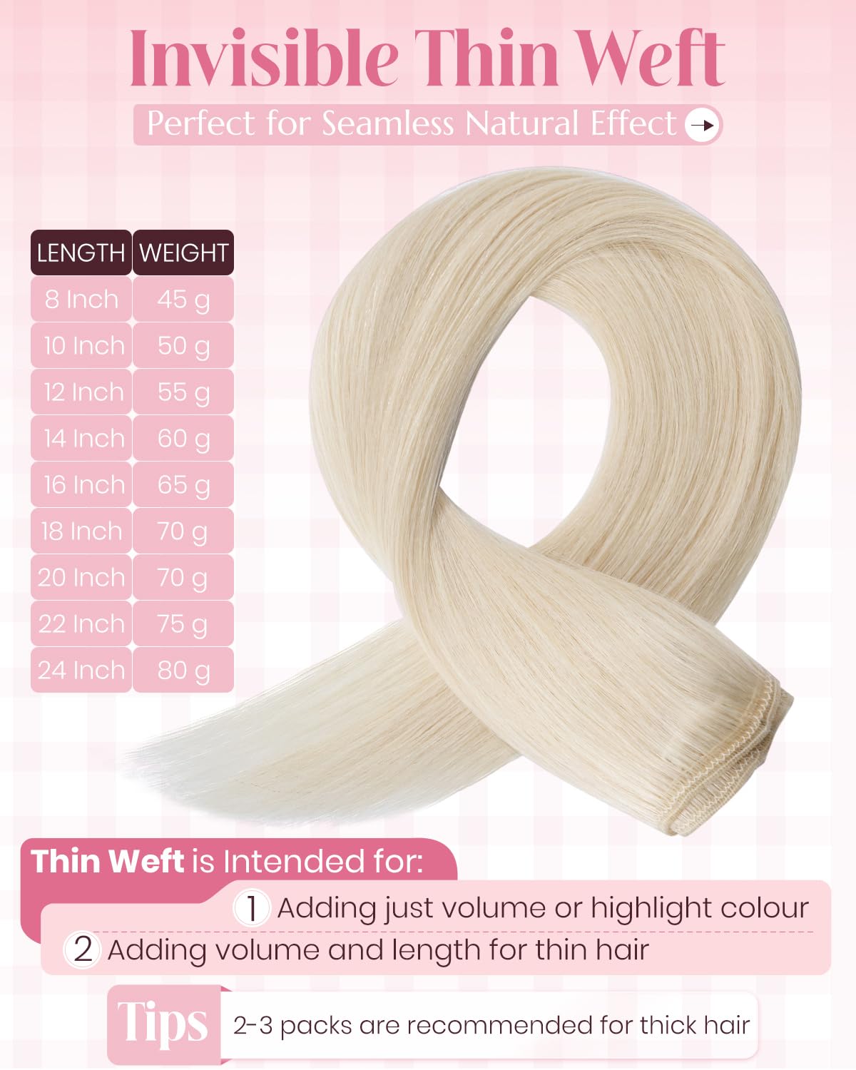 SLEEKALON Real Hair Extensions Clip in Human Hair Remy #70 Bleach White - 22 Inch 75 Gram 8 Pcs Invisible Full Head Weft Straight - Image 4