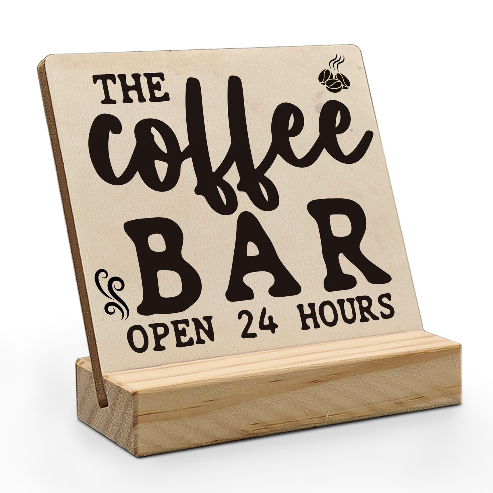 KKCMMY Coffee Bar Sign Wooden Plaque, 8x8 Inch, Open 24 Hours, Rustic, Wall Mount, Cafe & Coffee Theme, Engineered Wood