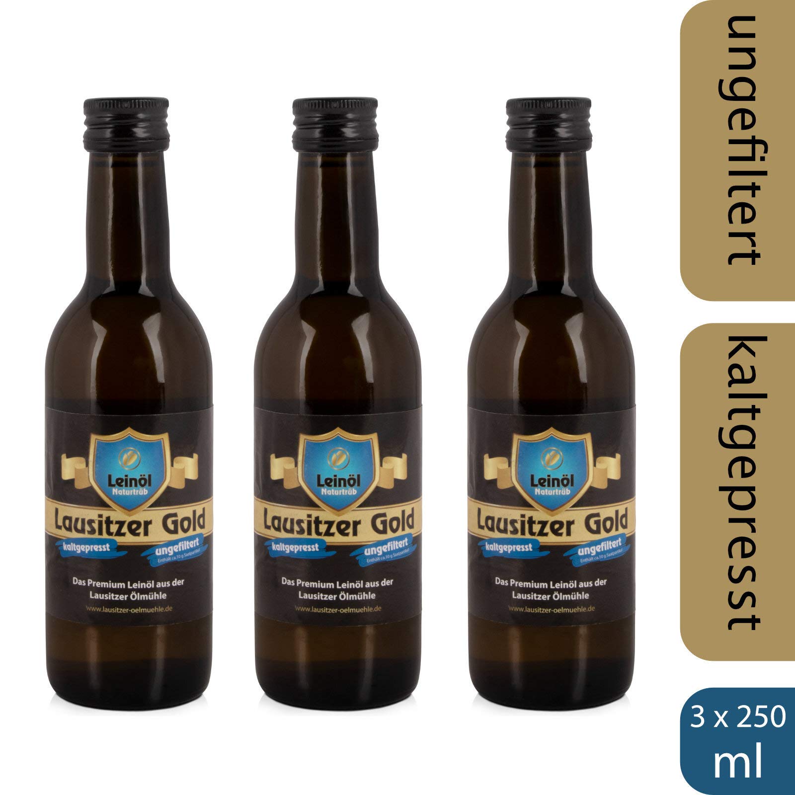 3 x Lausitzer Leinöl - Lausitzer Gold (kaltgepresstes ungefiltertes Premium Leinöl), 3x 250ml