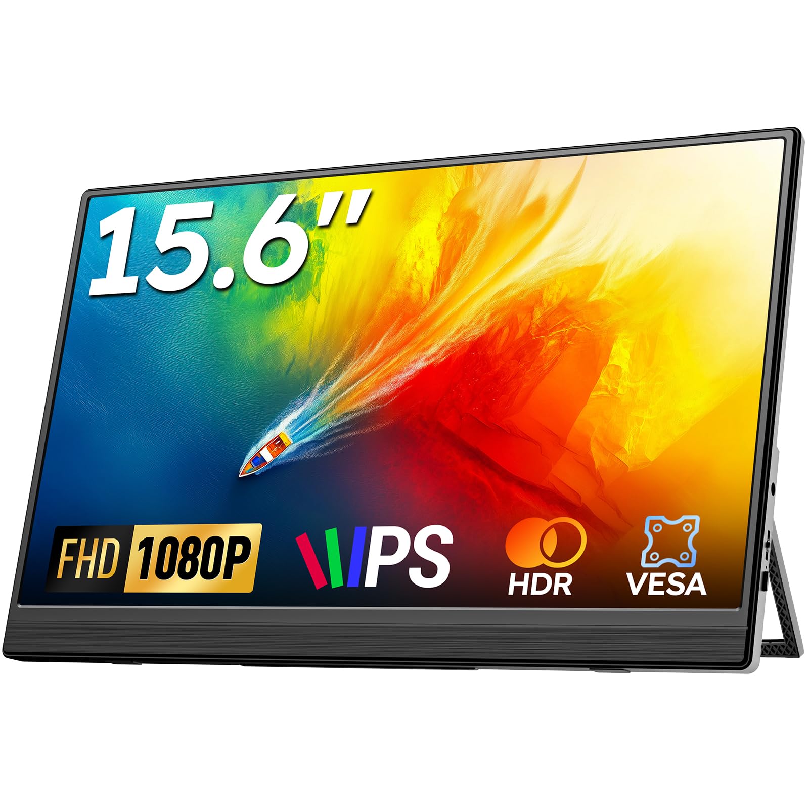 Tragbarer Monitor 15,6'' FHD 1080P IPS – Ultradünnes Portable Monitor mit Ständer, VESA-Befestigung und Lautsprechern, Mini HDMI/USB-C, kompatibel mit Laptop/PC/Mac/Xbox/PS/Switch
