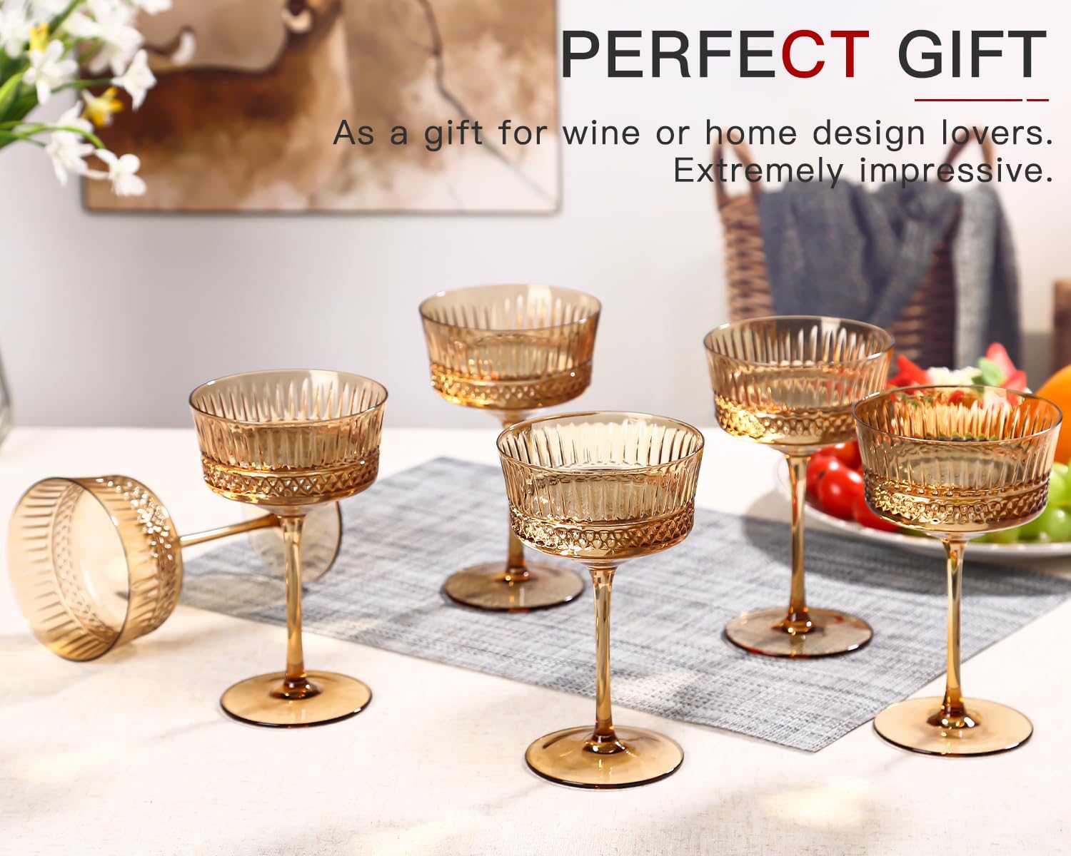 Amber Vintage Coupe Glass | Set of 6 | Large 9.3oz Stemmed Glassware Muted Vintage Glasses for Champagne, Cocktail, Margarita, Wine Glass, Christmas Gift Idea, Pastel Unique Speakeasy Style Goblet