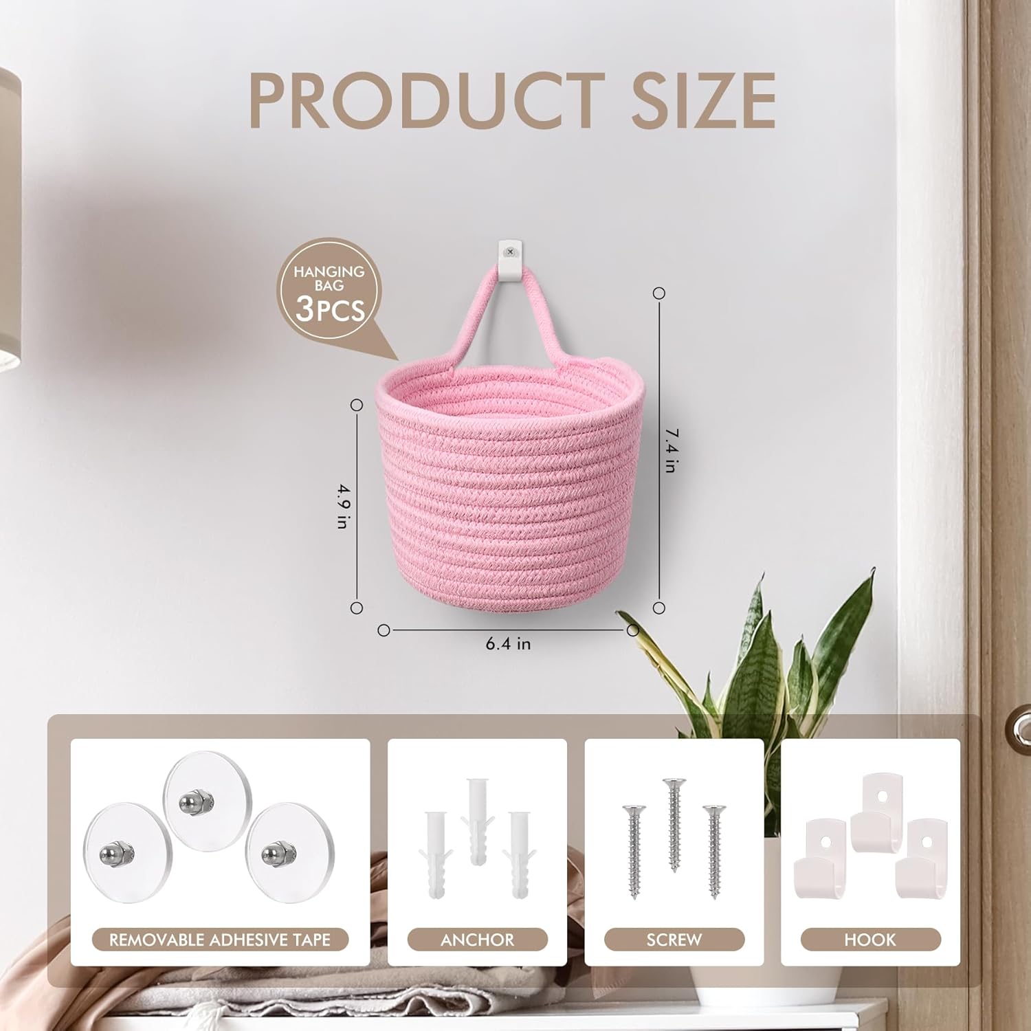 Fabric Wall Hanging Baskets - 3Pack Woven Pouchs Boho Style Wall Mounted Bag with Adhesive Hooks, Storage Organizers and Decoration Pocket Caddy Bins on Door Rack (Bright Pink & White, Large) - Image 2