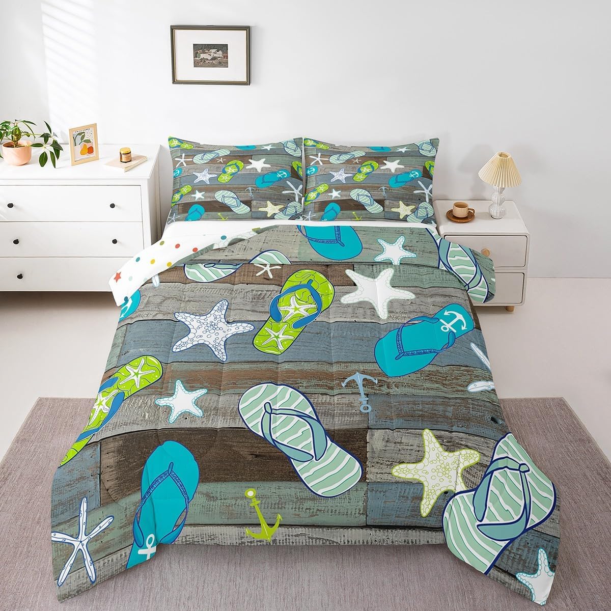 Castle Fairy Beach Hawaiian Style 3 Pcs King Size Comforter Set,Flip Flops Starfish Down Alternative Adults Bedroom Decor,Vintage Blue Grey Wooden Plank Ultra Soft Microfiber Inner Fill 3Pcs Bedding