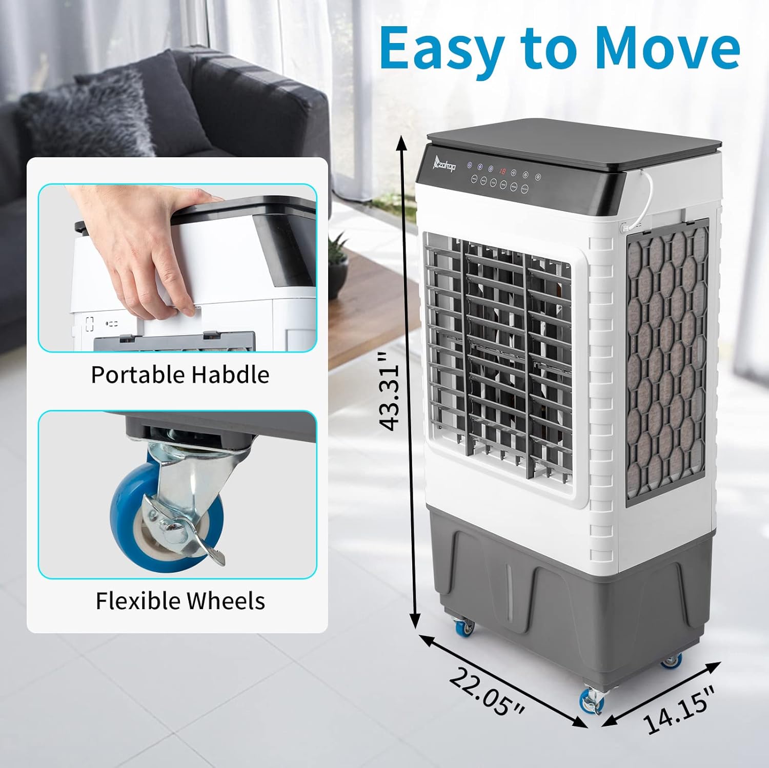 Evaporative Cooler, 2940 CFM Portable Air Conditioner Swamp Cooler Cooling Fan with 3 Speeds,3 Ice Box,11 Gallons Water Tank, 150W for Room Garage Commercial
