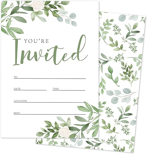 Juego de 20 invitaciones de vegetación con sobres, calcomanías de acuarela de hojas verdes, tarjetas de invitación de hojas de eucalipto en blanco