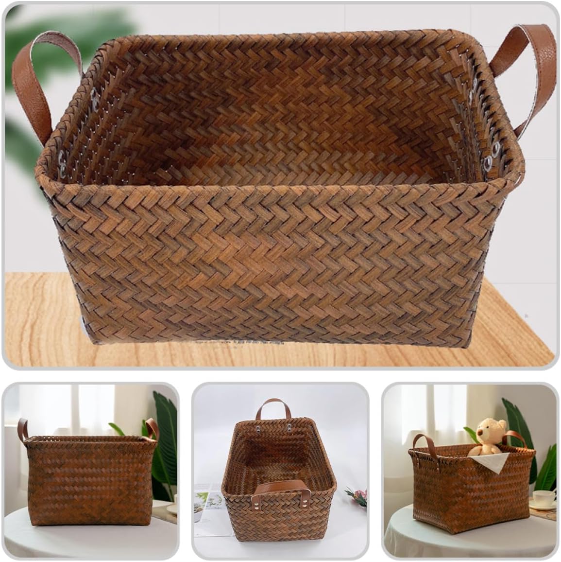 Generic Large Woven Dirty Clothes Hamper with Faux Rattan Design and Leather Handles, Multipurpose Laundry Basket for Bedroom Storage and Organization, 38x26x24cm