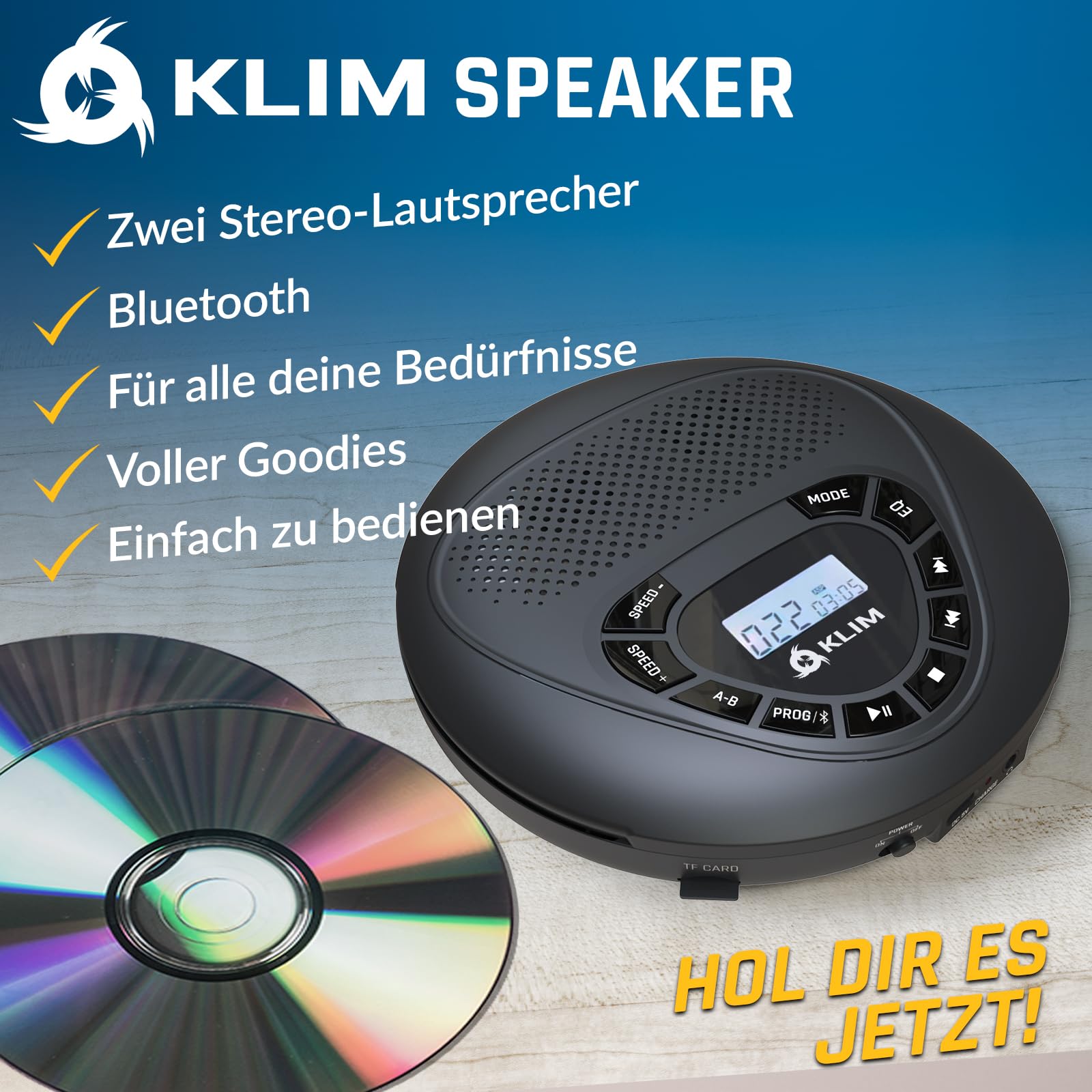 KLIM Speaker + Lettore CD Portatile Con Altoparlanti + Bluetooth + NUOVO + Batteria Ricaricabile + Lettore CD Stereo con Auricolari Inclusi + microSD + AUX + Ideale per l'auto