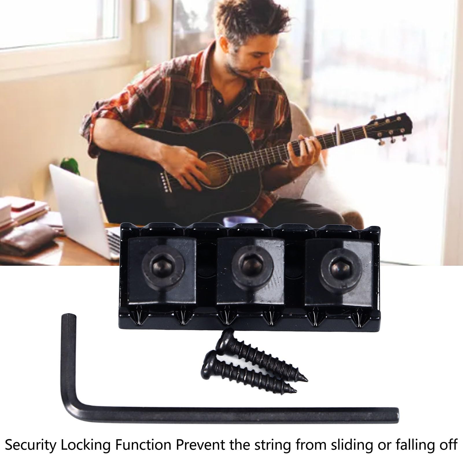 Headless Guitar Nut 42mm Guitar Nut Guitar String Locking Nut Length Metal Headless Guitar Bridge with Screws and Wrench for Guitar Music Enthusiast (Black)