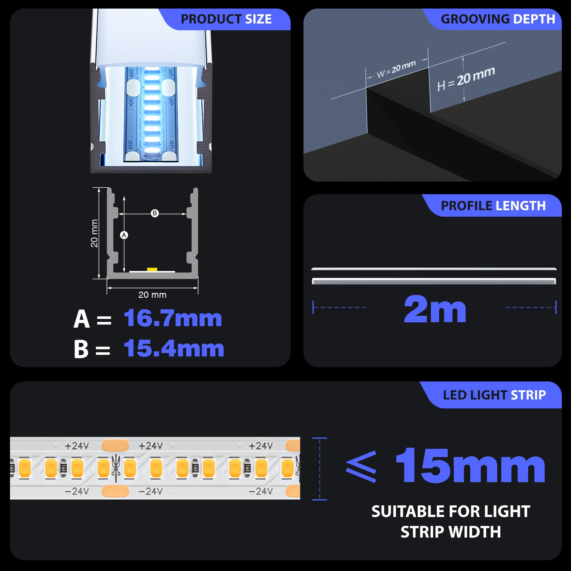 22 profili in alluminio per nastro LED 2 metri La guida del diffusore di luce, profilo LED incassato, dimensioni 20 x 20 mm, larghezza massima banda 15 mm, con coperchio in PC bianco
