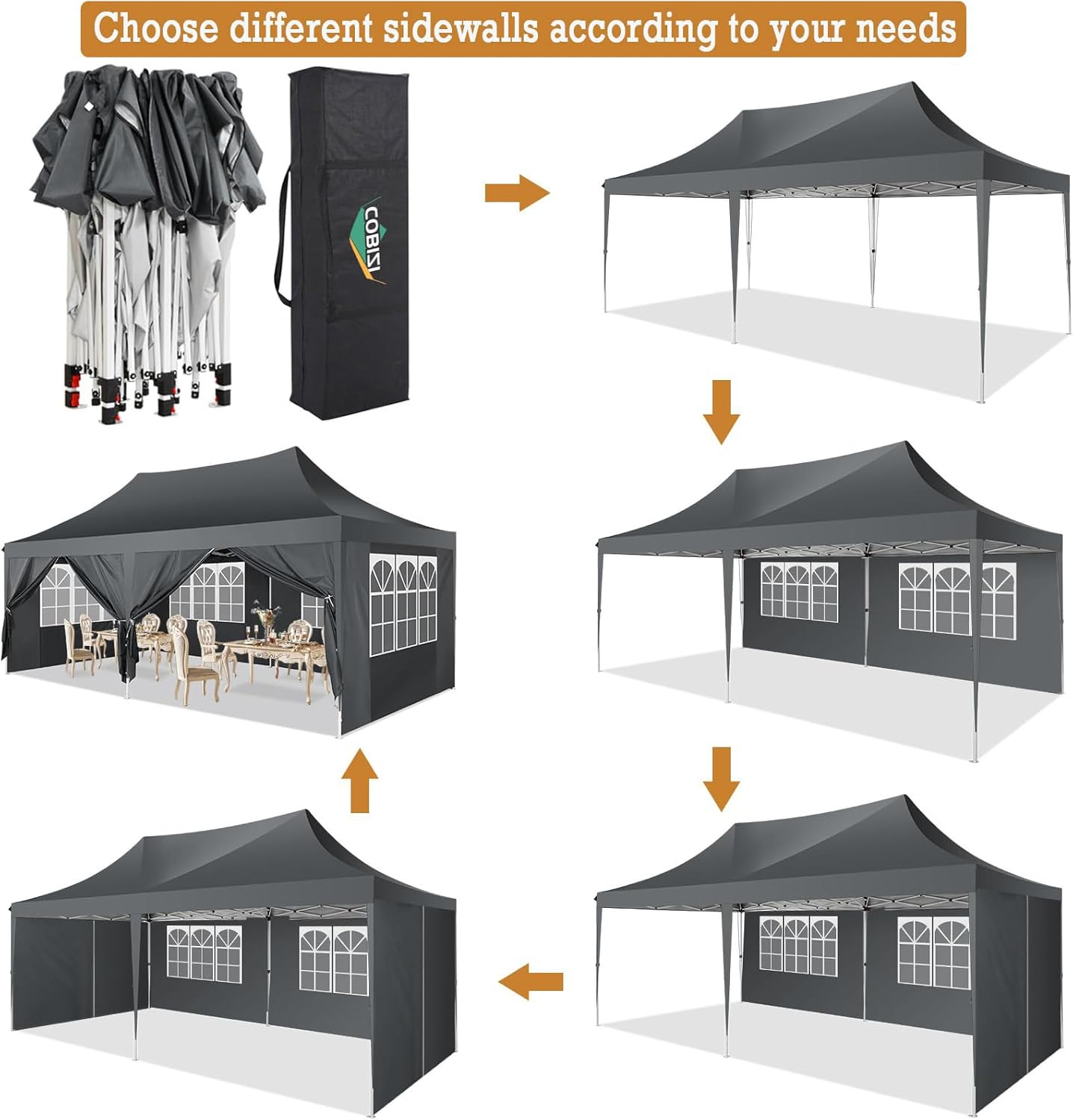 COBIZI 10x20 Pop Up Canopy with 6 Sidewalls,10x20 Canopy Tent Frame Upgraded with 3 Adjustable Heights,Waterproof UV50+ Outdoor Party Commercial Ez Up Gazebos with Carry Bag(10 x 20 ft Gray)