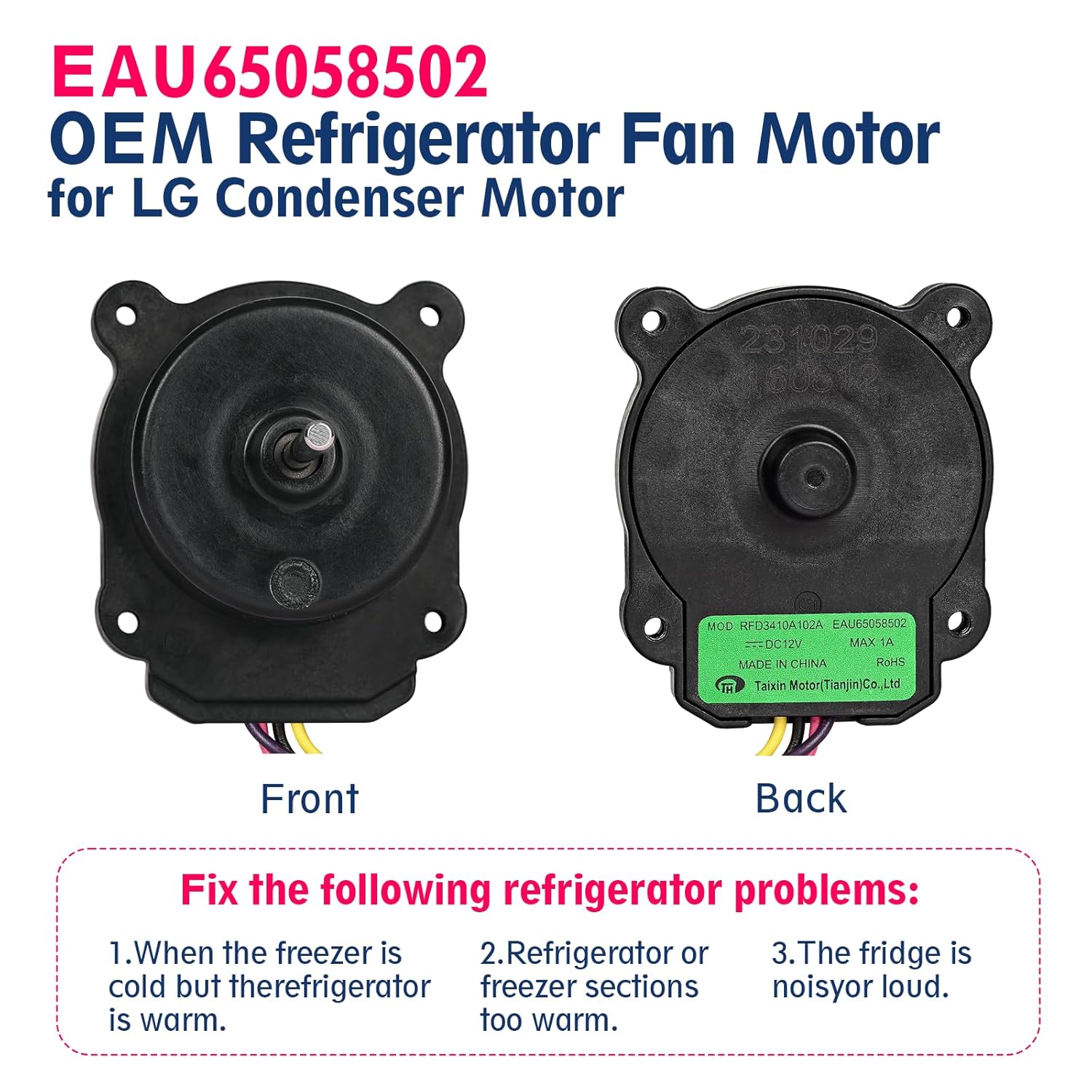 OEM EAU65058502 Refrigerator Condenser Fan Motor Fit for LG Freezer Evap Replace RFD3410A102A, AP7178309, PS16662422, EAP16662422