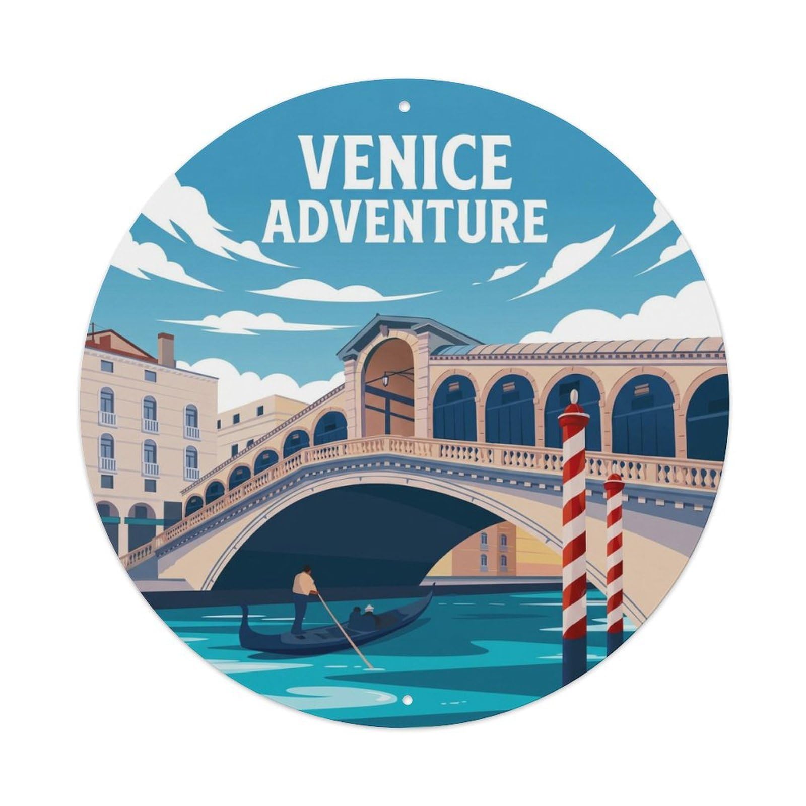 Italian Venice Bridge Lagoon Gondola European Travel Panorama Metal Tin Sign Plaque Wall Decor for Cafe, Man Cave, Club Bar, Office, Home Garden Round Metal Poster 8x8Inch