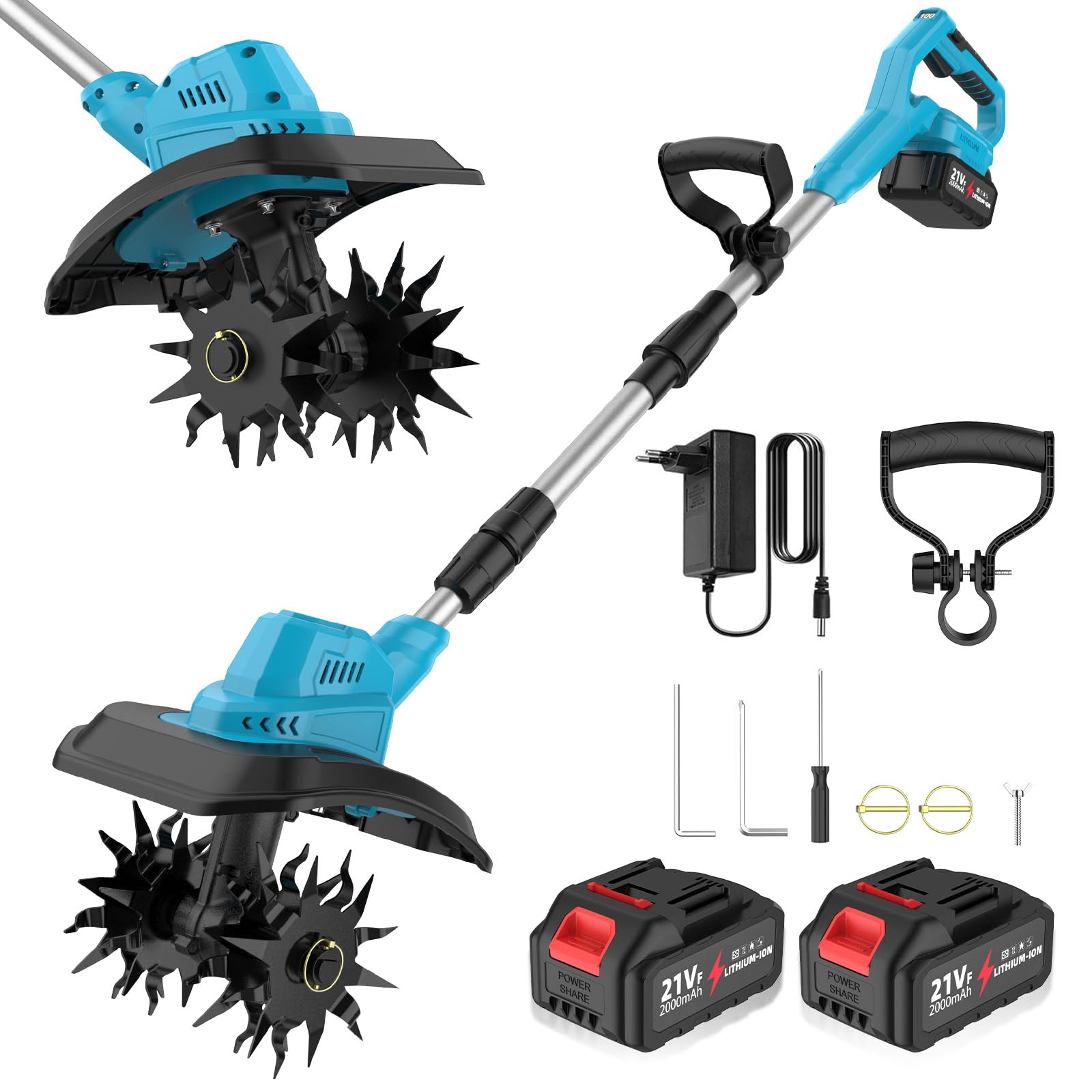 Motoazada Eléctrica Inalámbrica, Motocultor de Jardín | Motor brushless 500W, 2 baterías 4.0Ah, pantalla LED, ancho 20cm, profundidad 15cm, preparación de tierra, Jardín y Huerto