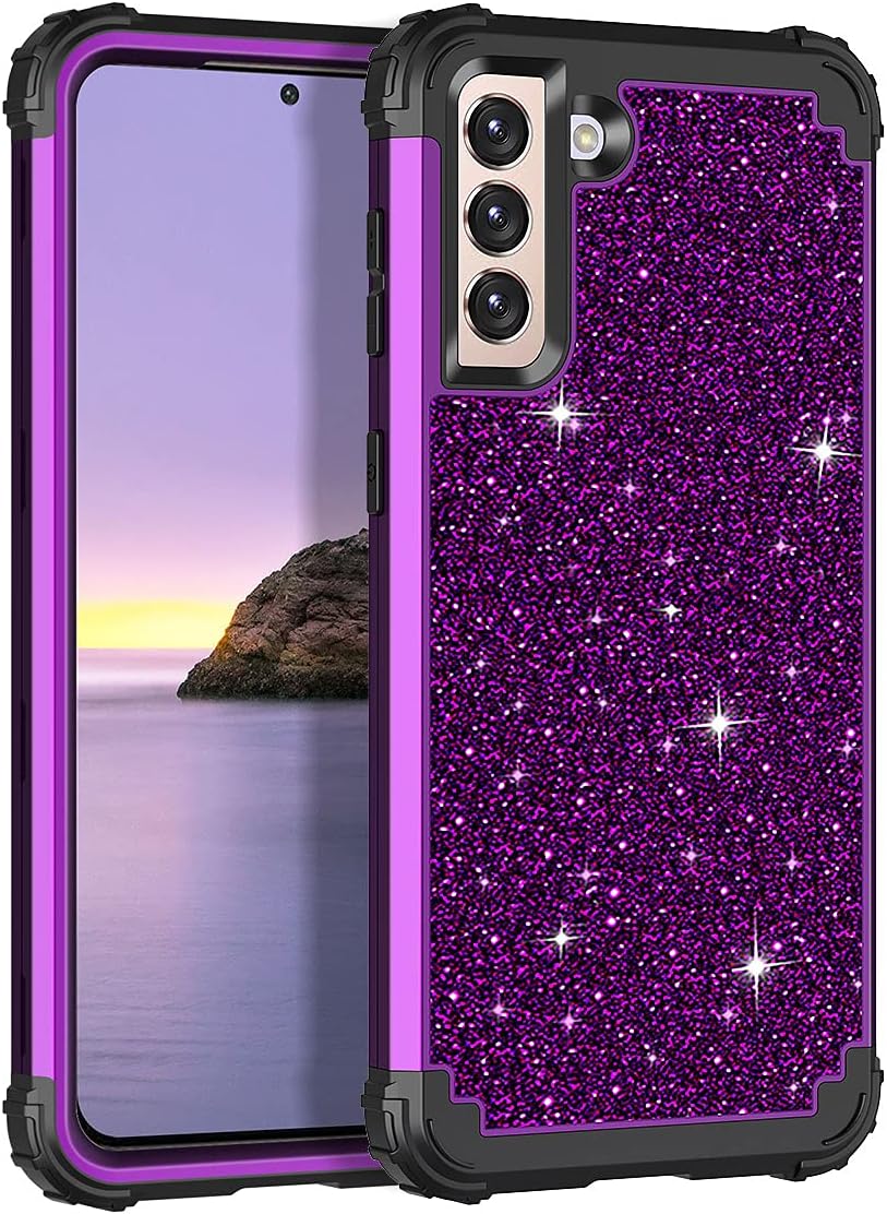 LONTECT for Galaxy S21 Plus 5G Case Shockproof Heavy Duty Hybrid Sturdy High Impact Protective Cover Glitter Sparkle Bling Case for Samsung Galaxy S21 Plus 5G 6.7 2021, Shiny Purple/Black
