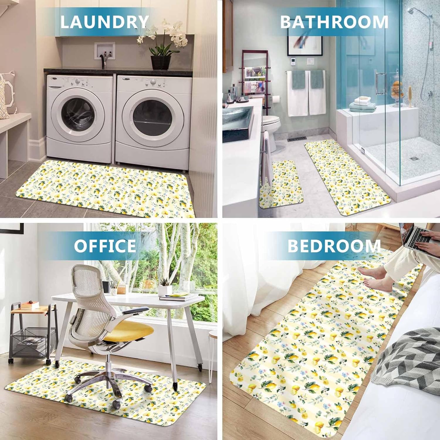 Yellow Lemon Kitchen Mat Set 2 Pieces Country Watercolor White Blue Flowers Leaf Yellow Stripe Non Slip Kitchen Rugs Washable Runner Rug Mats for Sink Laundry (19.7" x 31.5"+19.7" x 47.2")