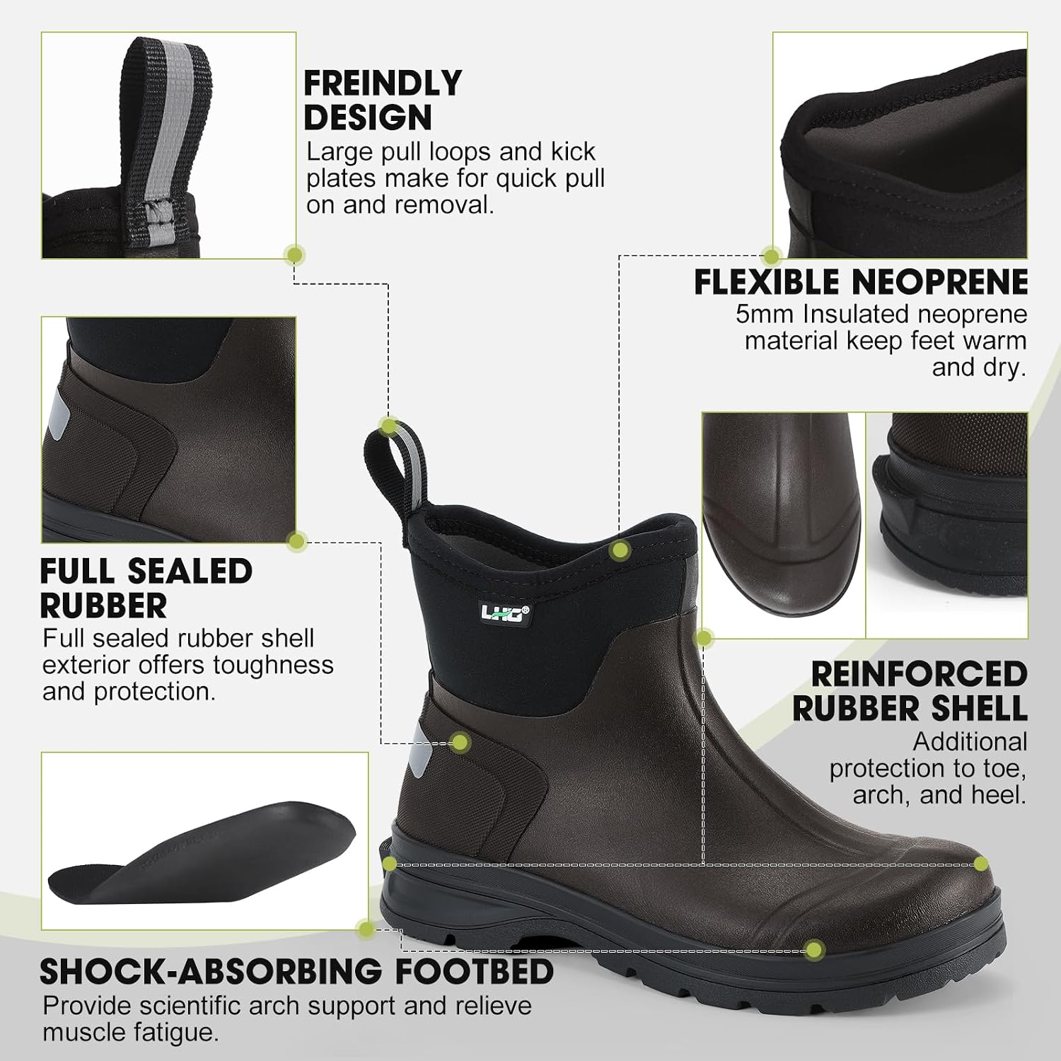 LHG Men's Short Rubber Boots Waterproof Rain Boot Insulated Neoprene Mud Booties for Farming Fishing Chore Hunting