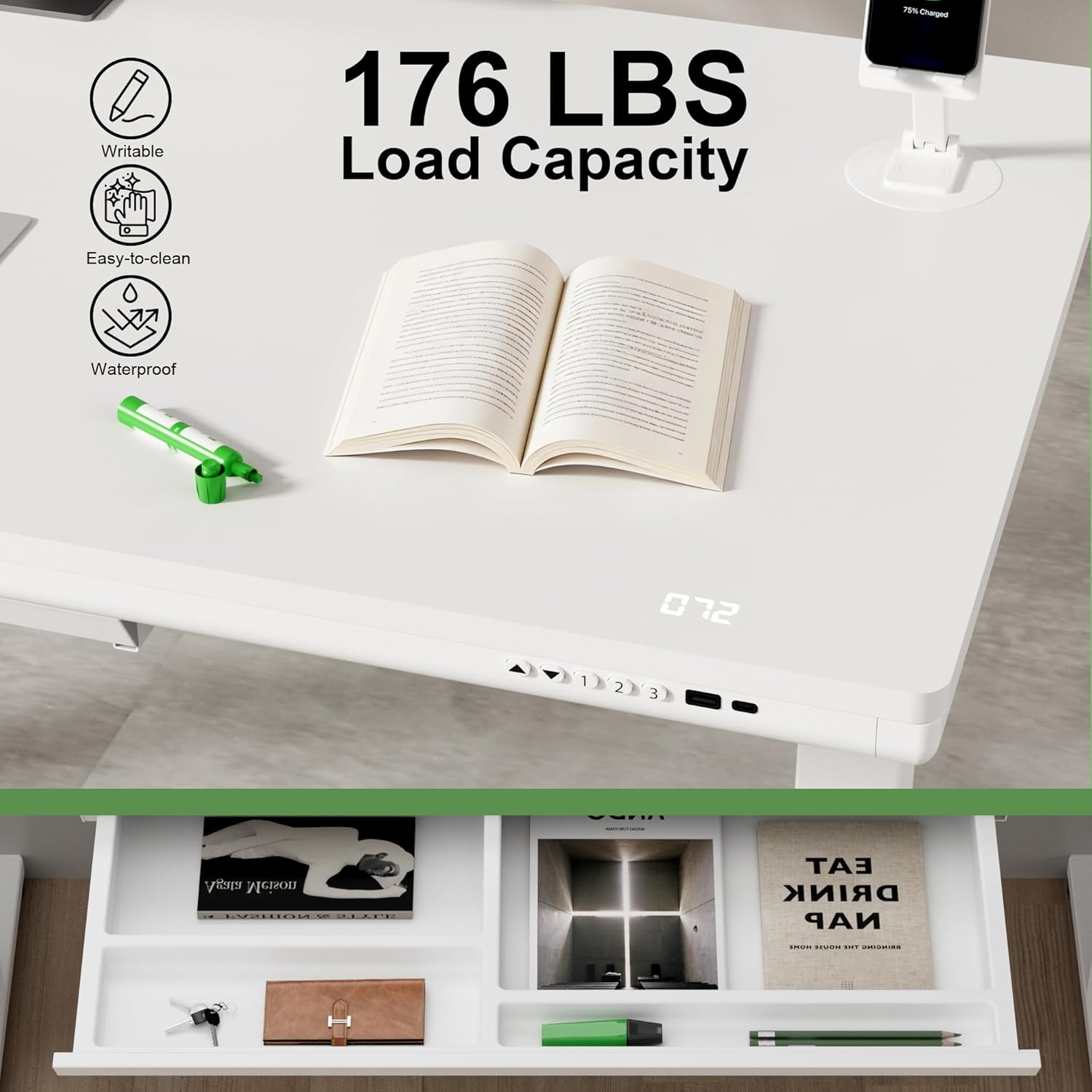 Homall Whole Piece Standing Desk with Drawer, Desktop Digital Display and USB Charge Port, Extra Thickening Height Adjustable Electric Sit Stand Desk for Home Office Computer Desk