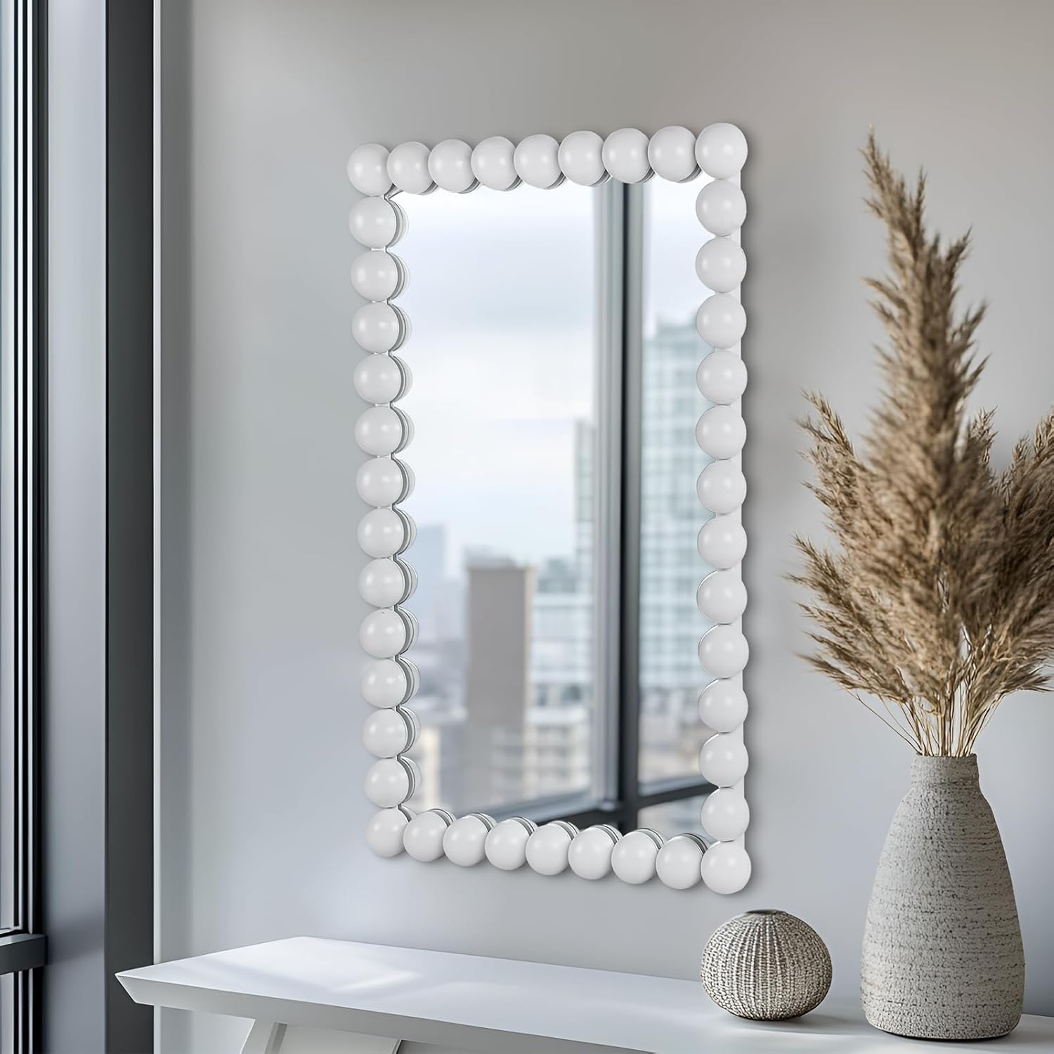 Decorative Beaded Wall Mirror – Modern Rectangular Accent Mirror, 20″x30″, for Living Room, Bedroom, Bathroom, Entryway & Office – Available in Gold, Black, & White (White)