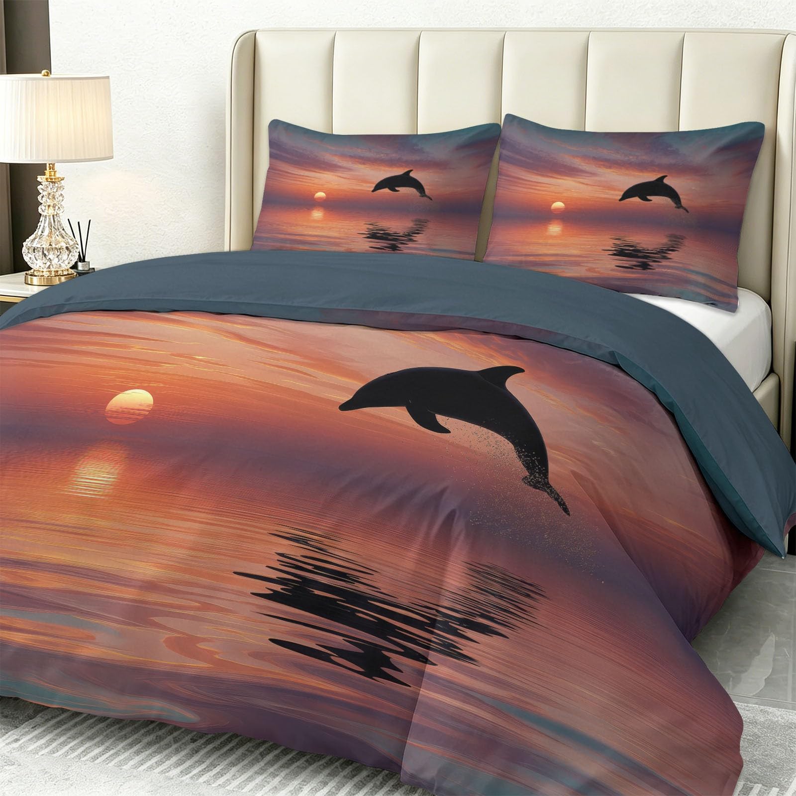 Biancheria da letto con delfini, tramonto e crepuscolo, in morbida microfibra, 155 x 220 cm, con 2 federe da 50 x 70 cm, per bambini, ragazze e ragazzi