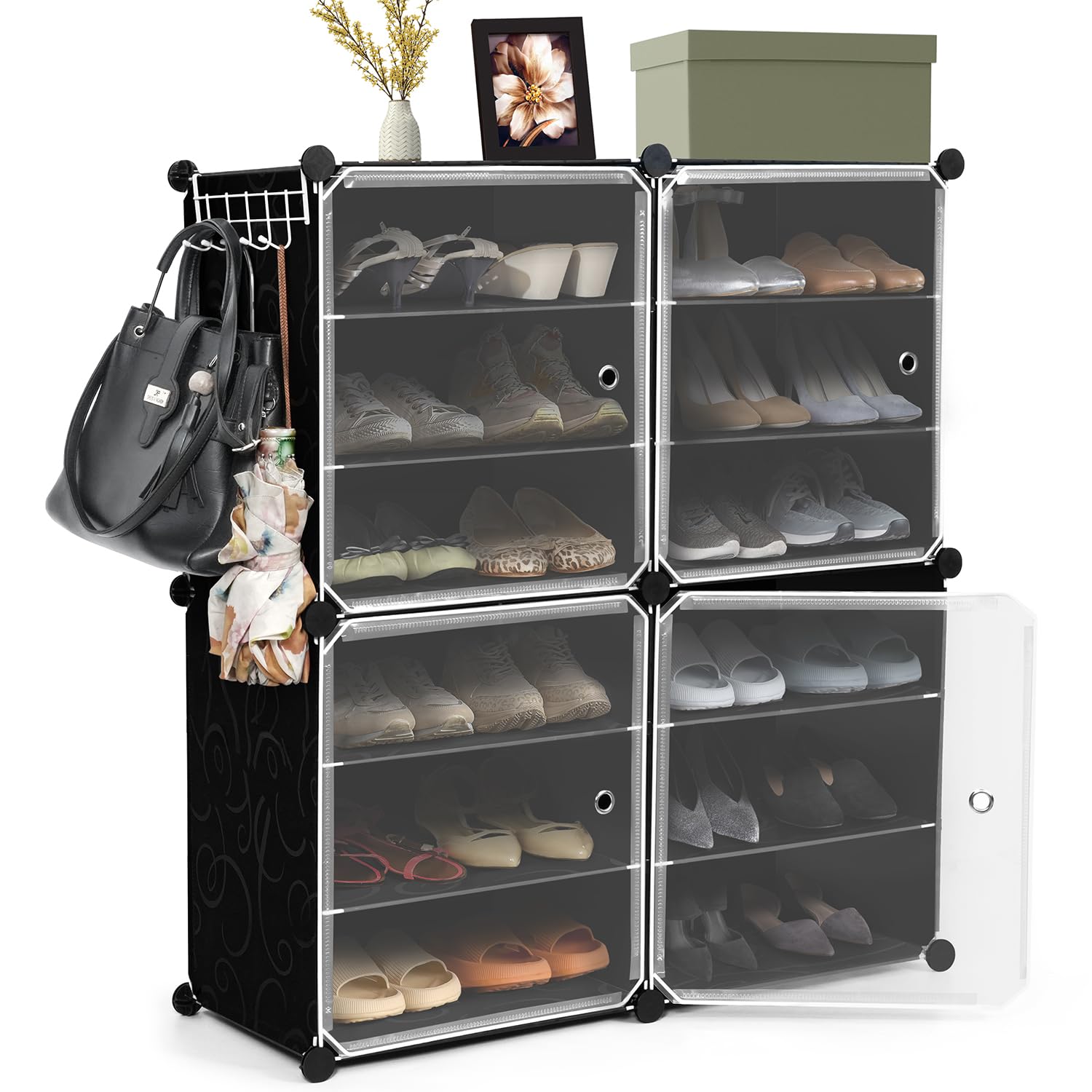 ABOUT SPACE Shoe Rack for Home with Door - 24 Pair DIY Slipper Stand with Hanger, 4 Cube Expandable Shelves Closed Shoes Rack for Home Men, Women Heels Boots Flip-Flops (Black-L 80 x B 30 x H 90 cm)