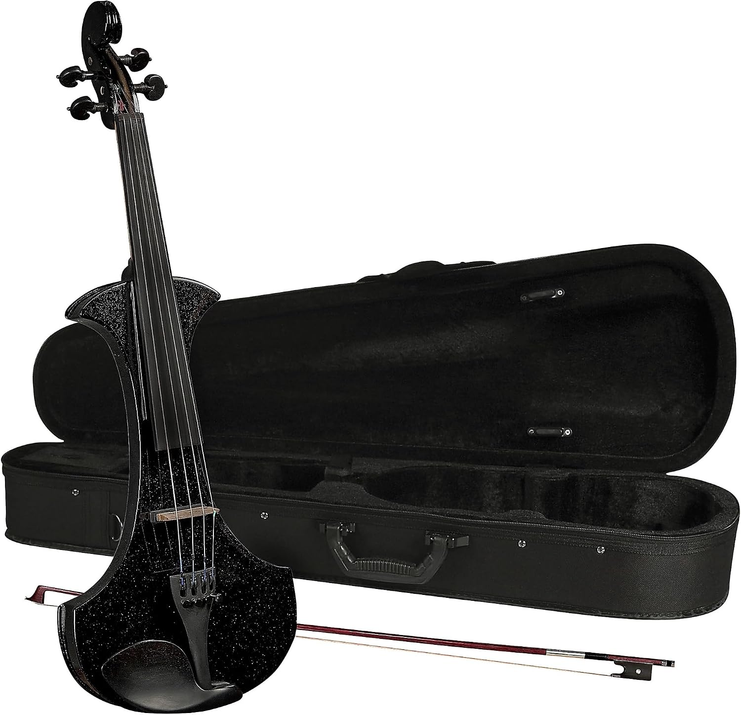 Cremona SV-180BKE Electric Violin with its lightweight rigid foam case and Brazil wood bow.