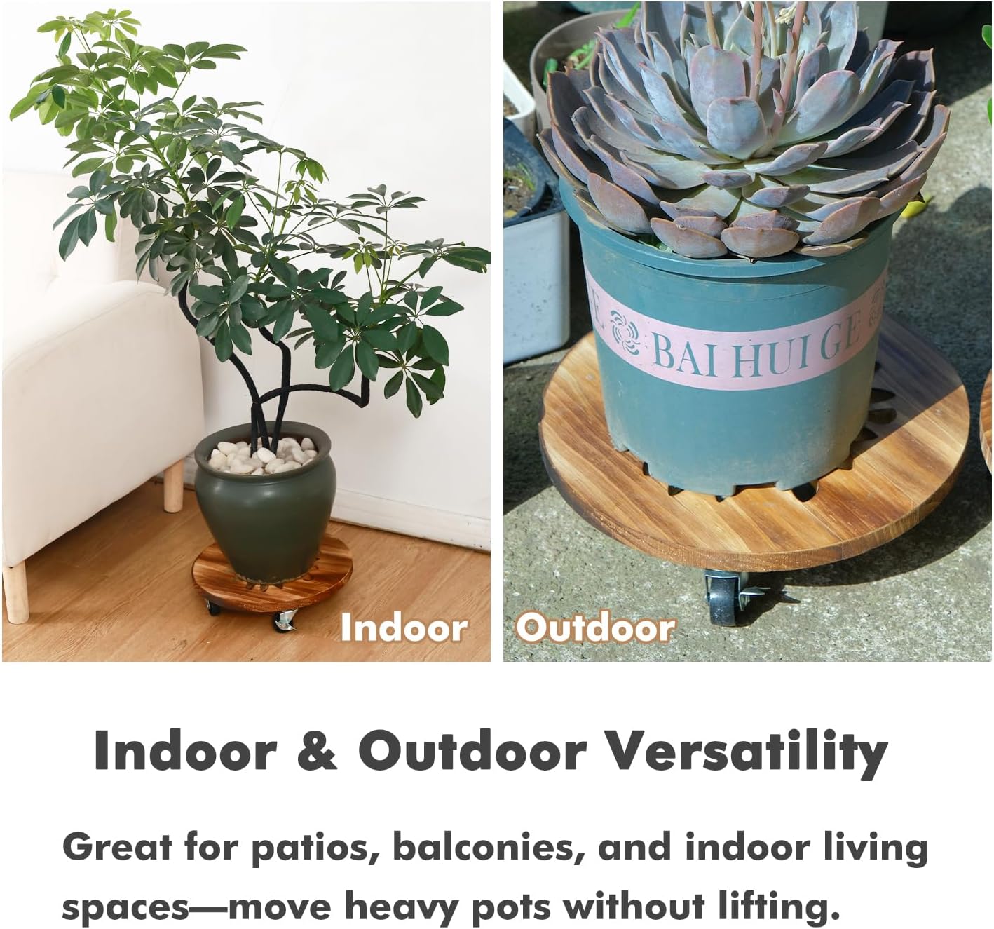 4 Pack Plant Caddy with Wheels Heavy Duty 12 Inch Wooden Plant Stand with Wheels Plant Dolly Rolling Plant Stand Plant Roller with Casters for Indoor and Outdoor with 4 Pack Plant Saucers, Round