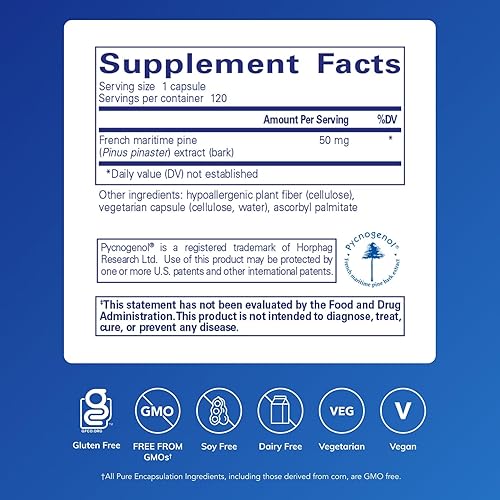 Miniatura 2 de Pure Encapsulations Pycnogenol (extracto de corteza de pino) 50 mg  Suplemento hipoalergénico para apoyar la función cognitiva y la salud