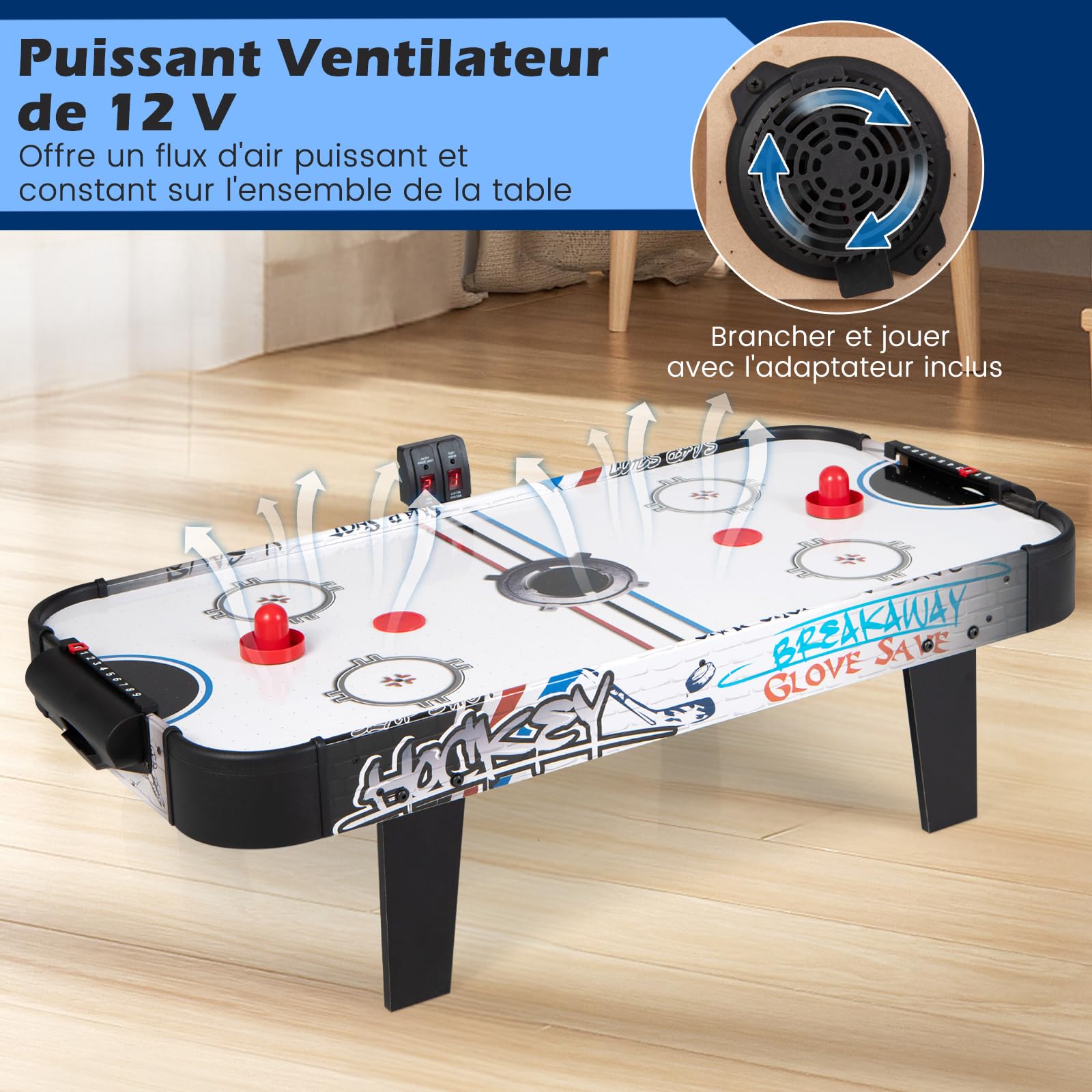 COSTWAY Table de Hockey à Air avec Marqueur Électronique LED & Ventilateur 12V, Table de Jeu Compact avec 2 Palets & 2 Poussoirs, Air Hockey pour Adultes et Enfants