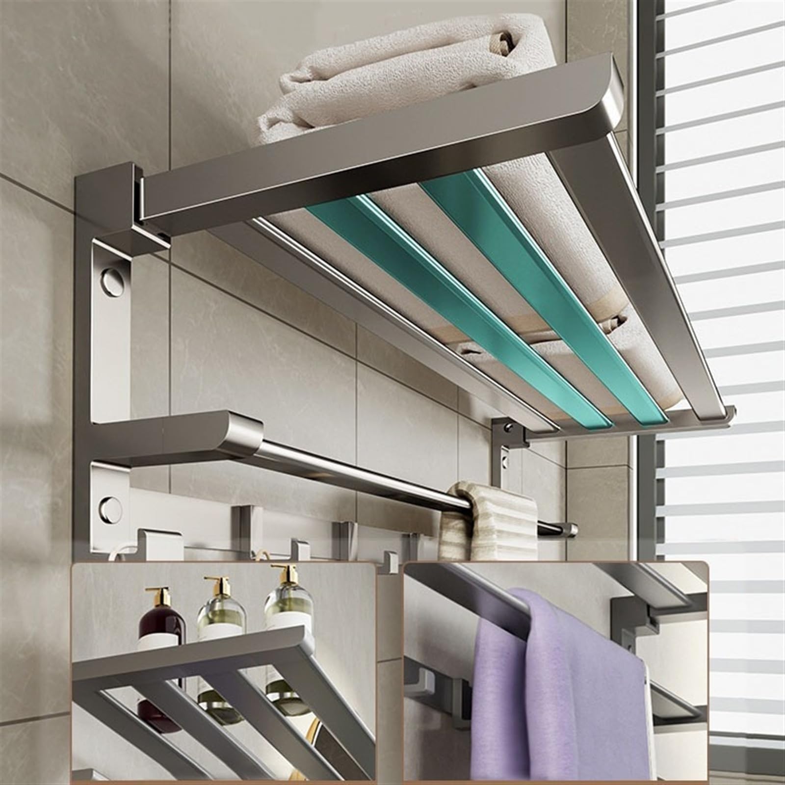 LUUYYI Estante de baño para baño, toallero de acero inoxidable con barra de toalla y ganchos, estante plegable montado en la pared, estantes flotantes negro/gris (gris pistola, M)